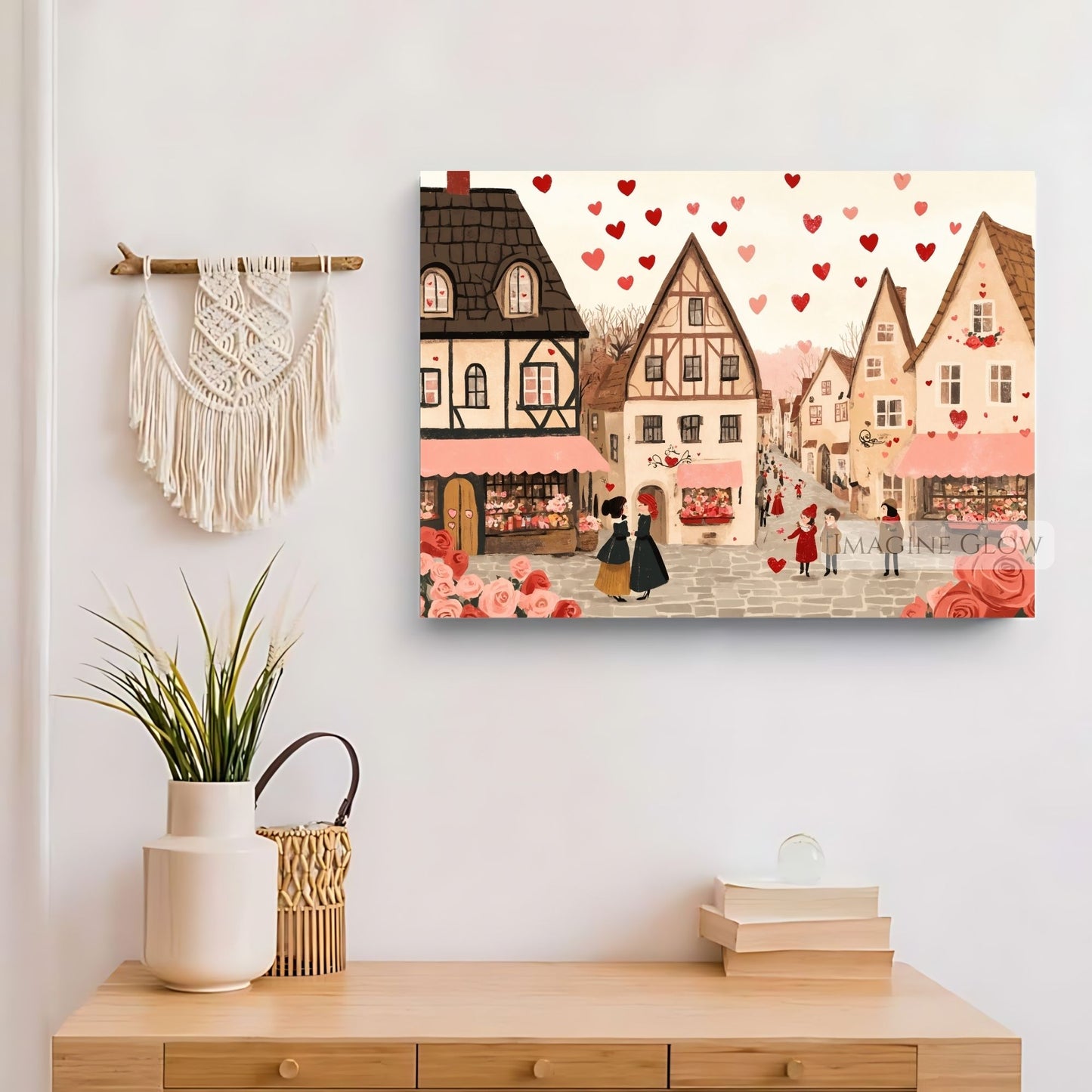 Hand-drawn heart village scene, perfect for love-themed art