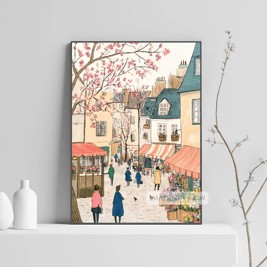 Hand-drawn spring town with blooming flowers and cobblestone streets.
