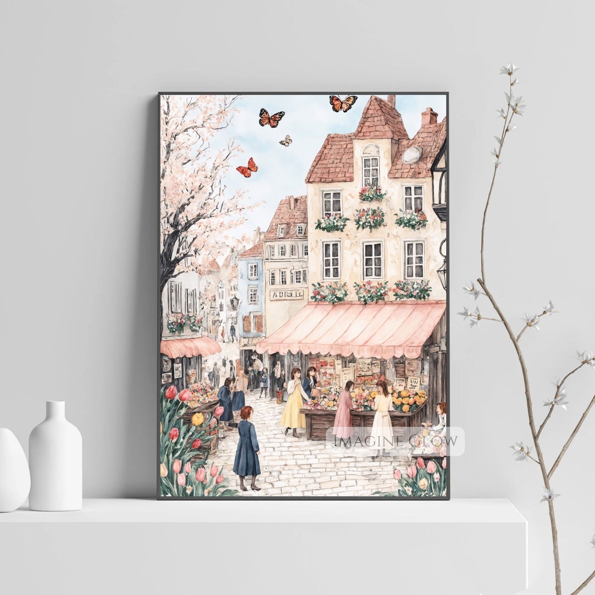 Springtime Old Town Art with Tulips and Cherry Blossoms