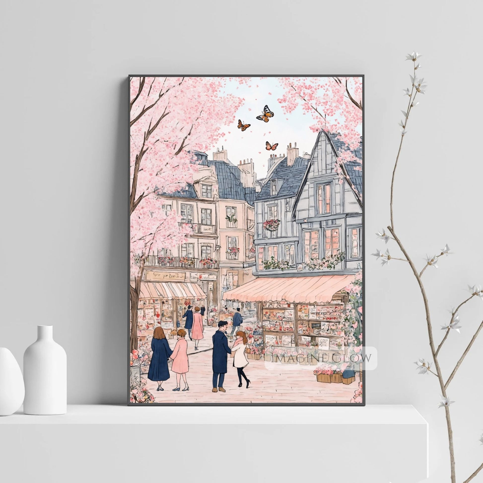 Picturesque flower market scene in a pastel-colored spring town.