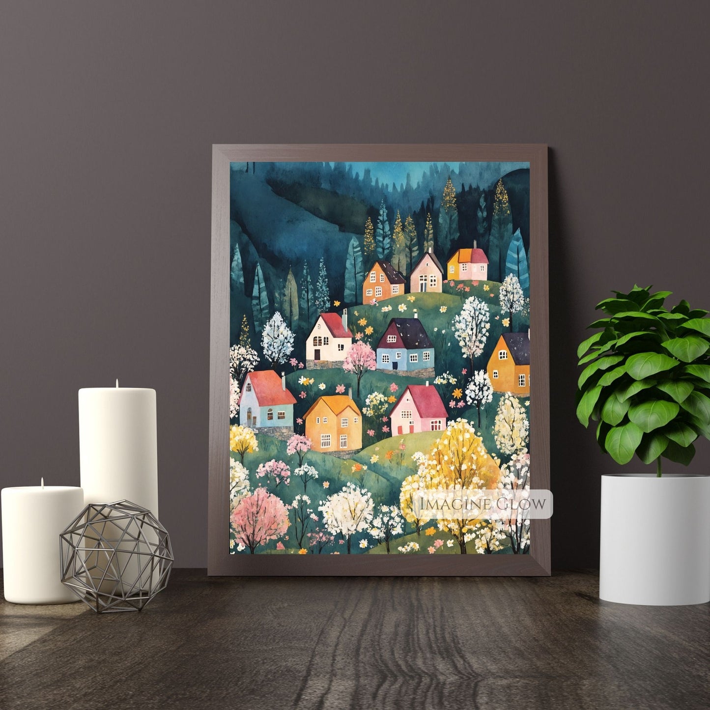 Serene spring countryside scene with blooming trees