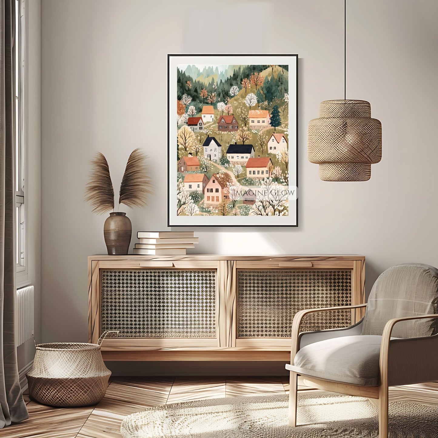 Spring village illustration with floral accents