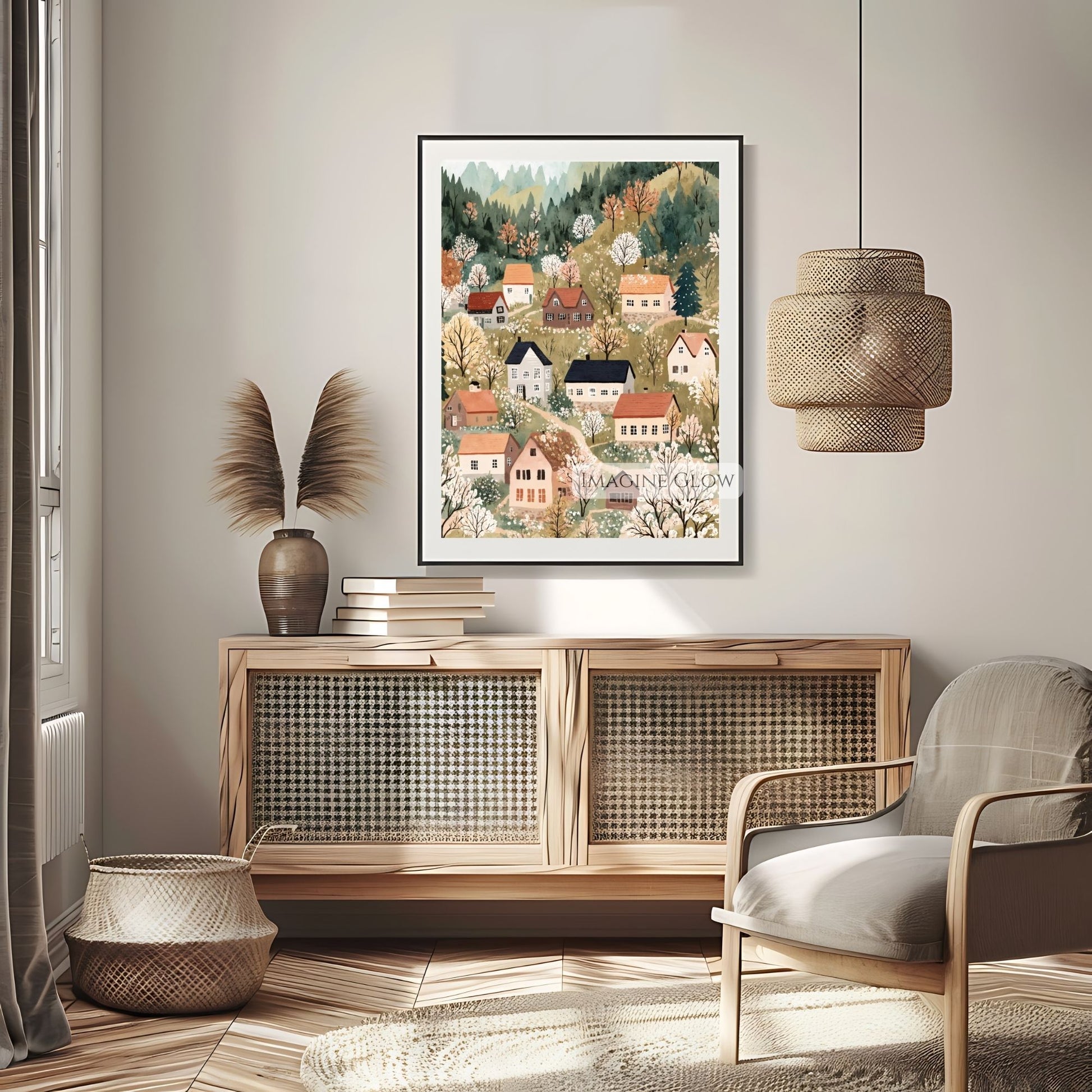 Spring village illustration with floral accents