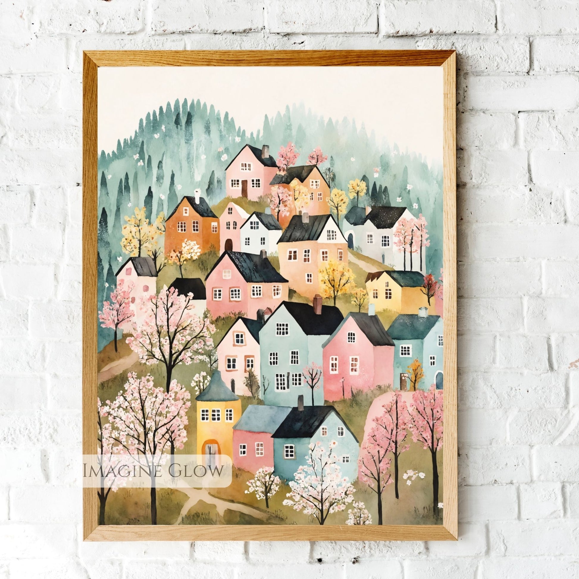 Folk art spring village with blossoming trees