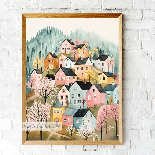 Folk art spring village with blossoming trees