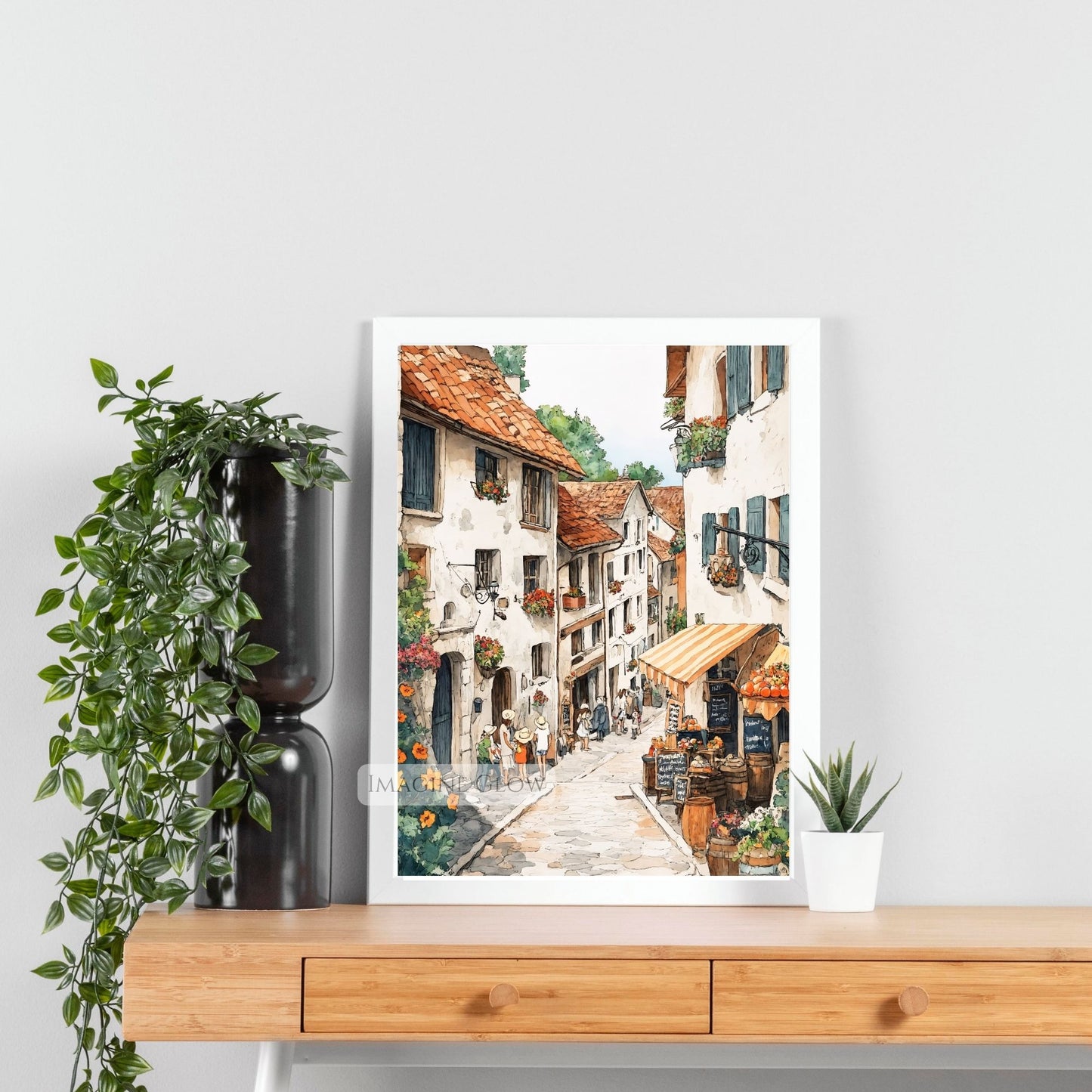 Romantic European flower market print with blooming flowers and charm.