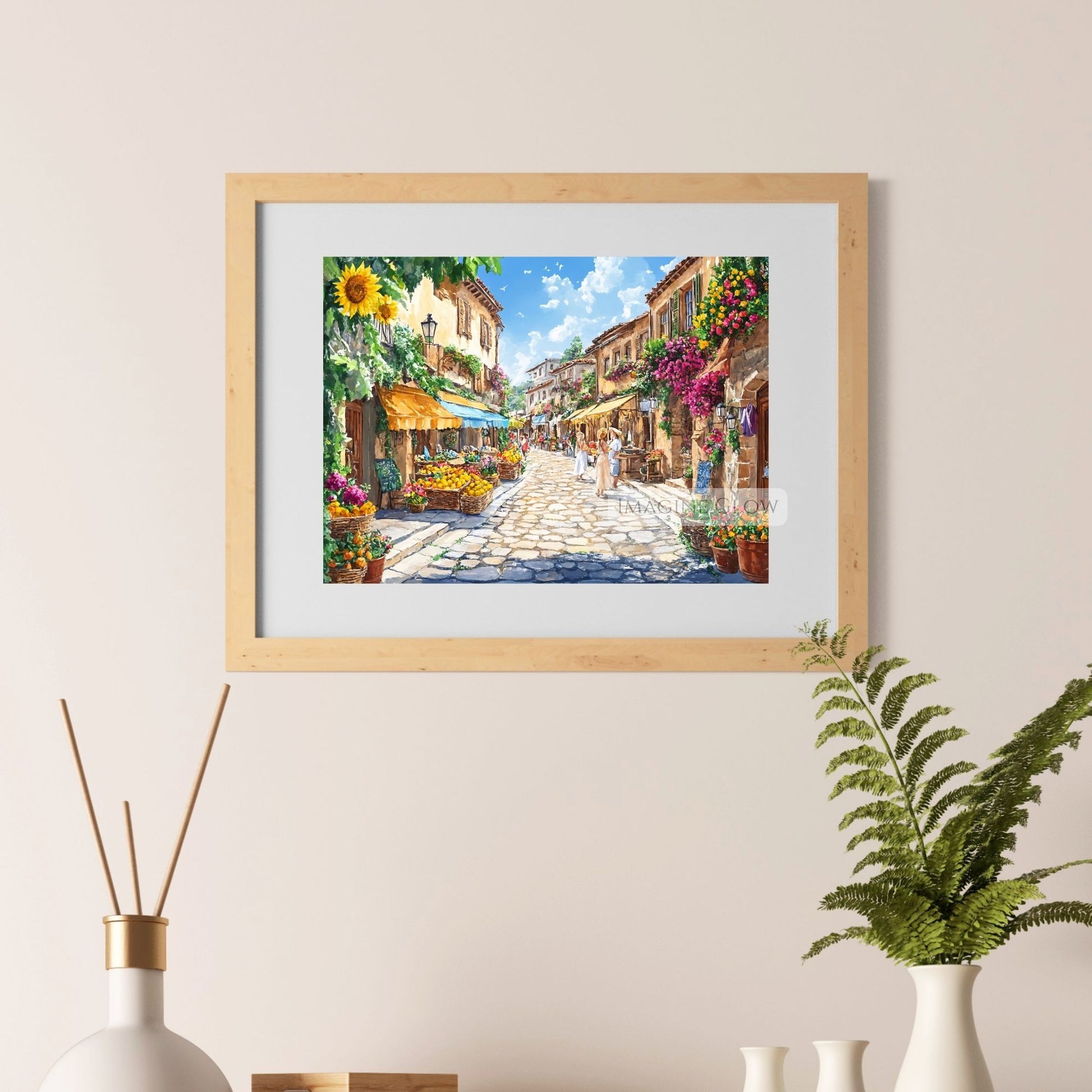 Hand-drawn summer town with blooming flowers, sunflowers, and a fruit market.
