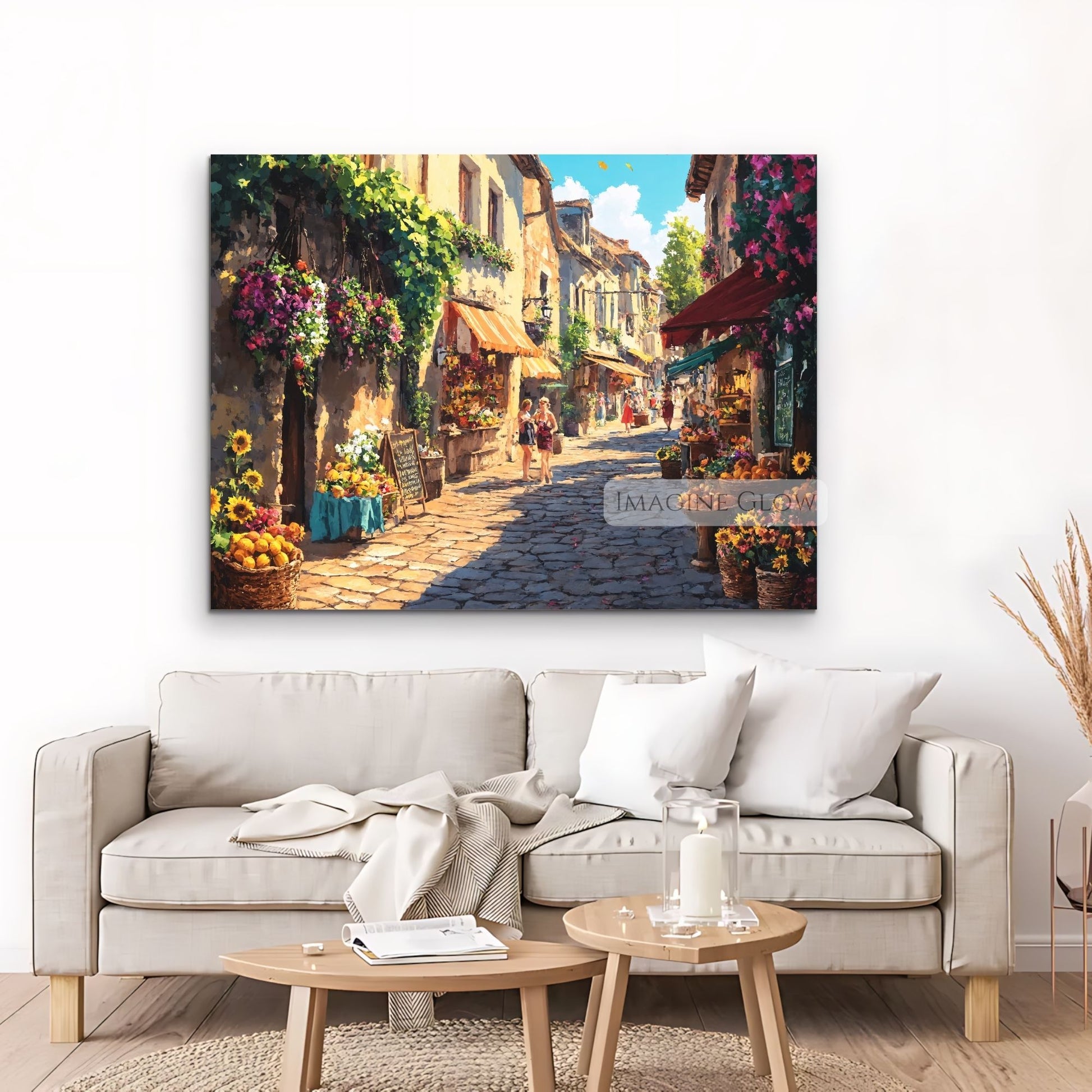 Sun-drenched town scene with blooming roses, tulips, and sunflowers.