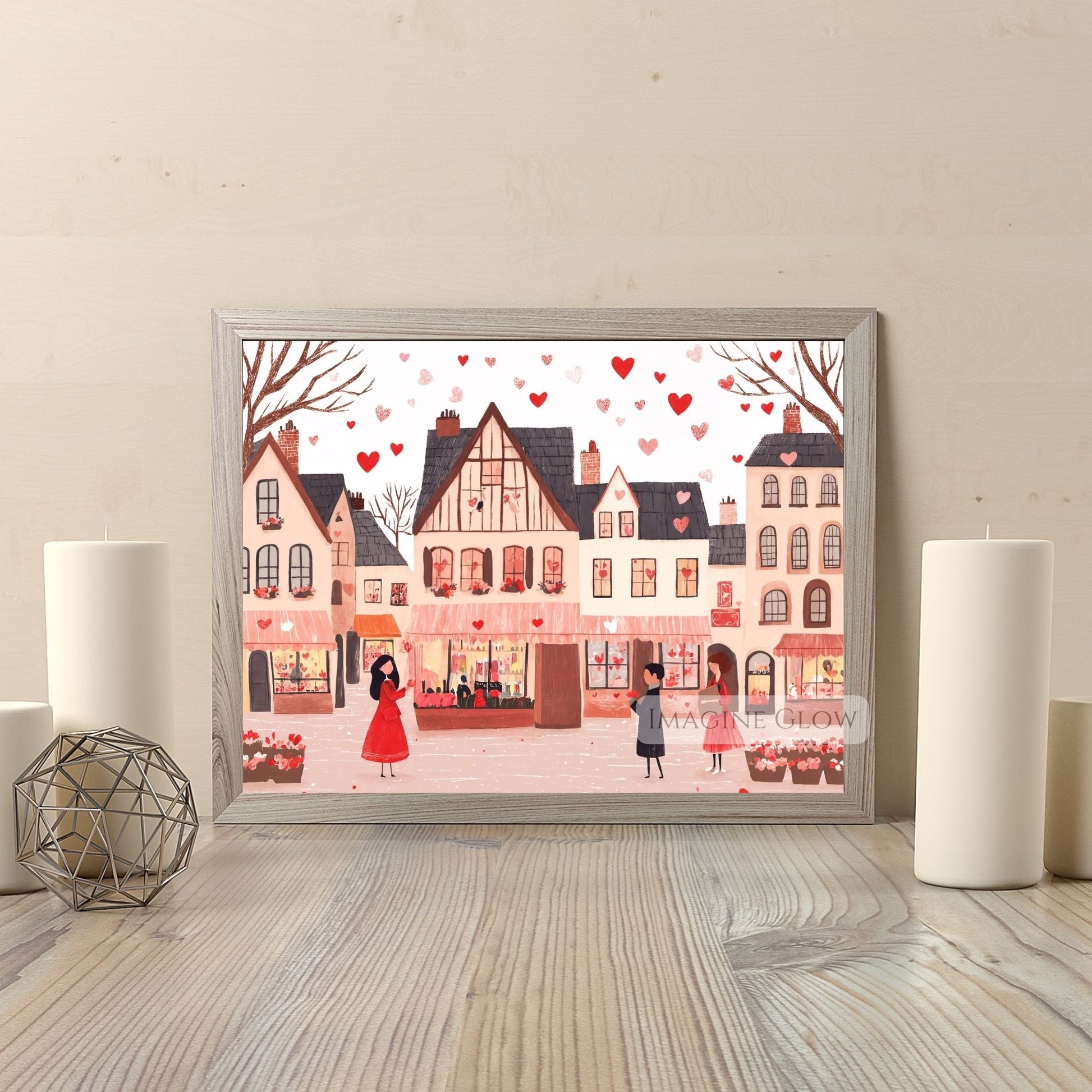 Cozy love-themed street scene digital wall art