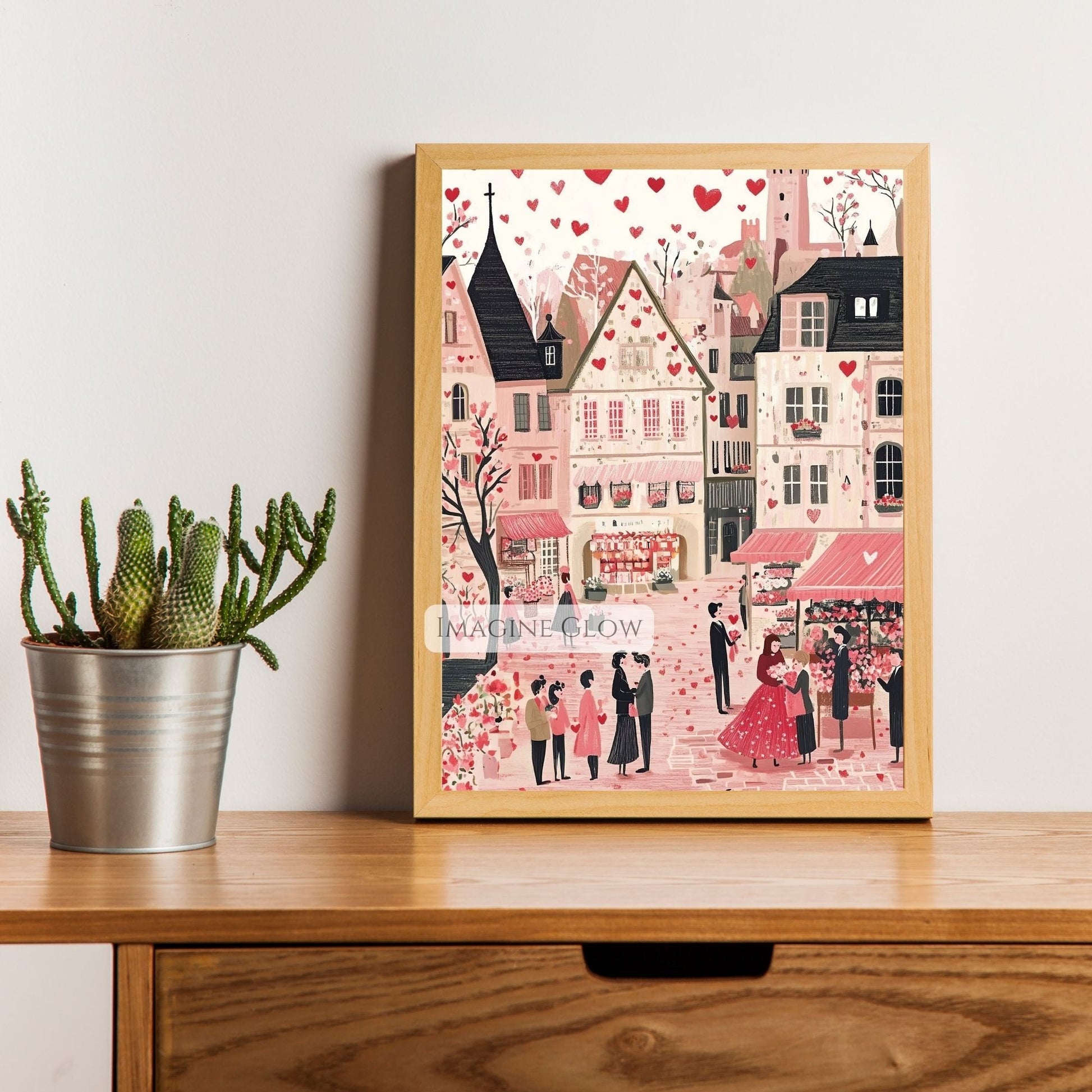 Hand-drawn Valentine's Day town scene art print