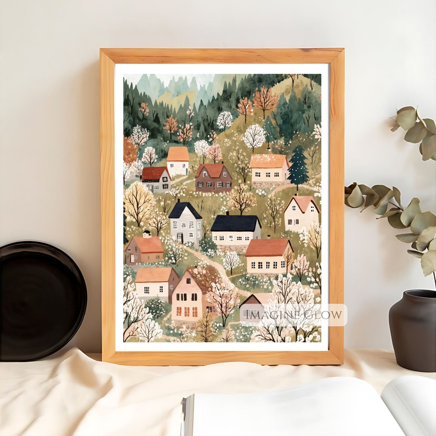 Hand-drawn pastoral scene for seasonal decor
