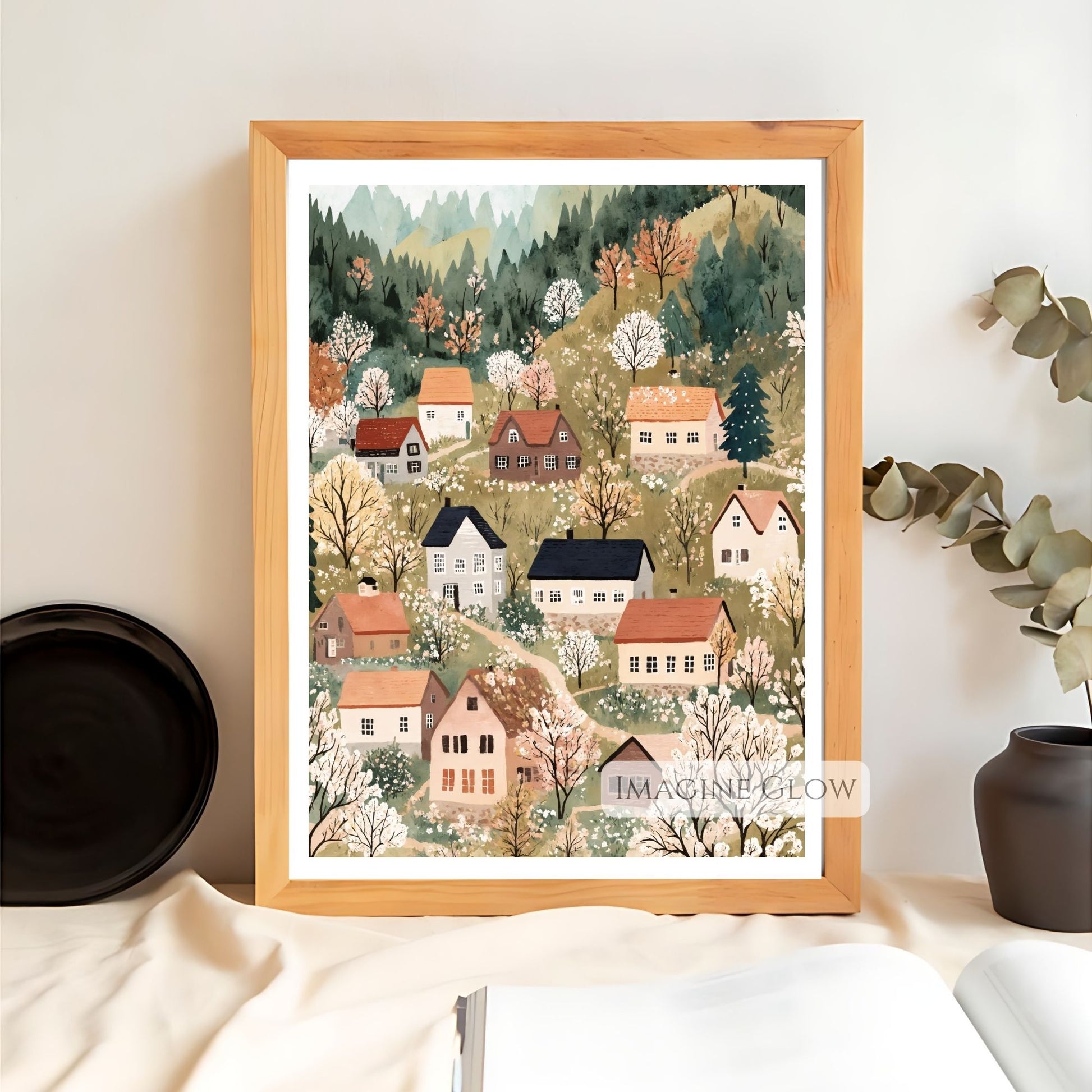 Hand-drawn pastoral scene for seasonal decor