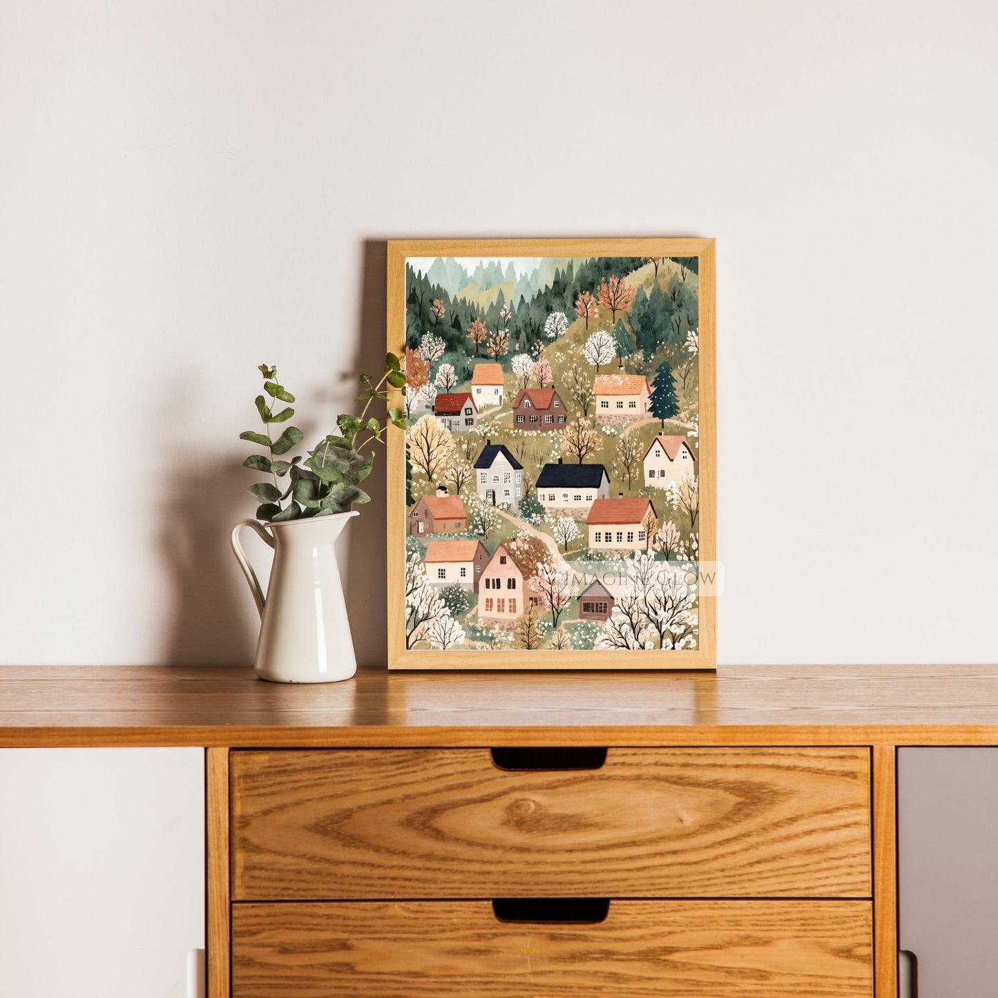 Tranquil spring village with blossoming trees