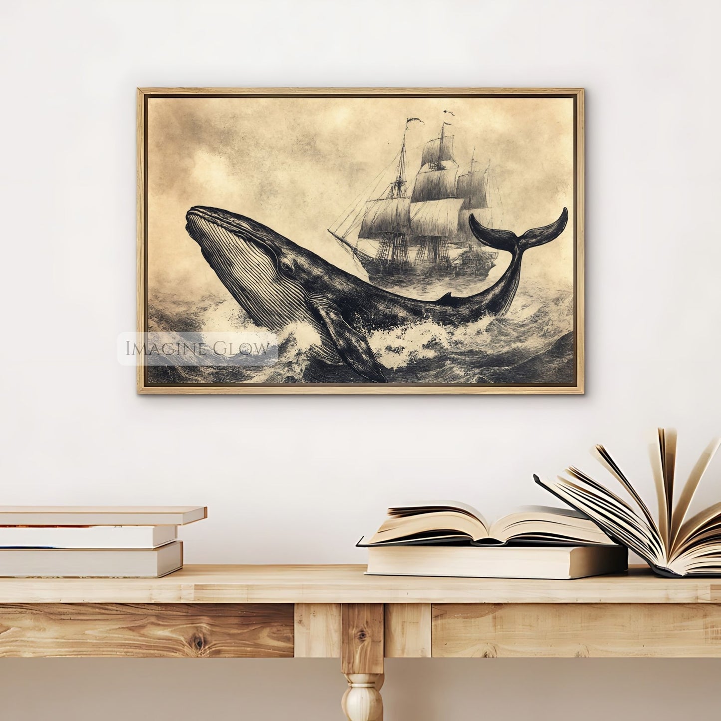 Printable whale and ship sketch for nautical decor.