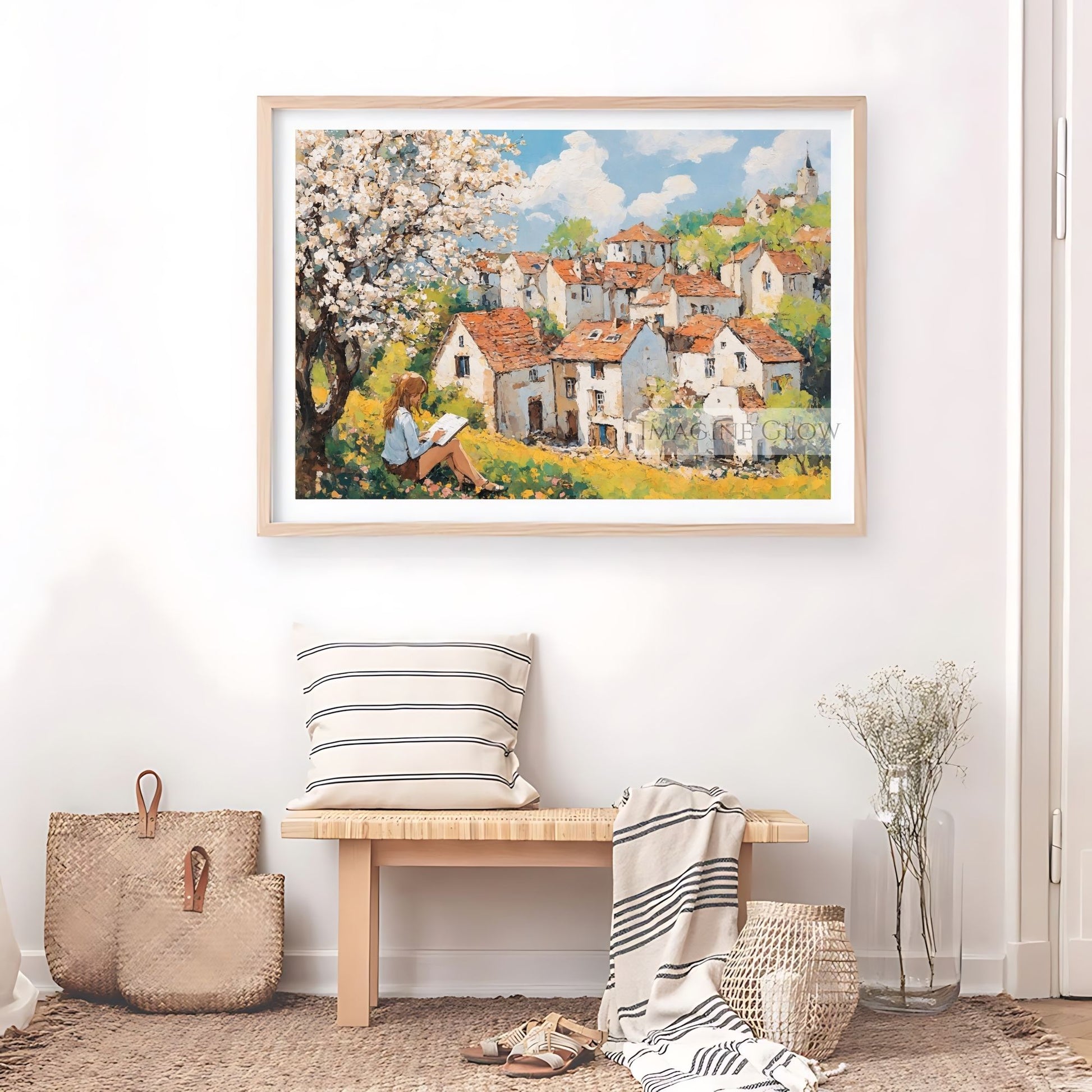 Hand-drawn wall art of a woman enjoying a book in nature.