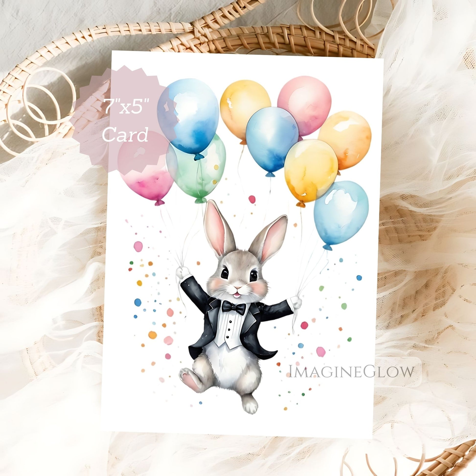 Card with a rabbit in a tuxedo and colorful balloons on a white background