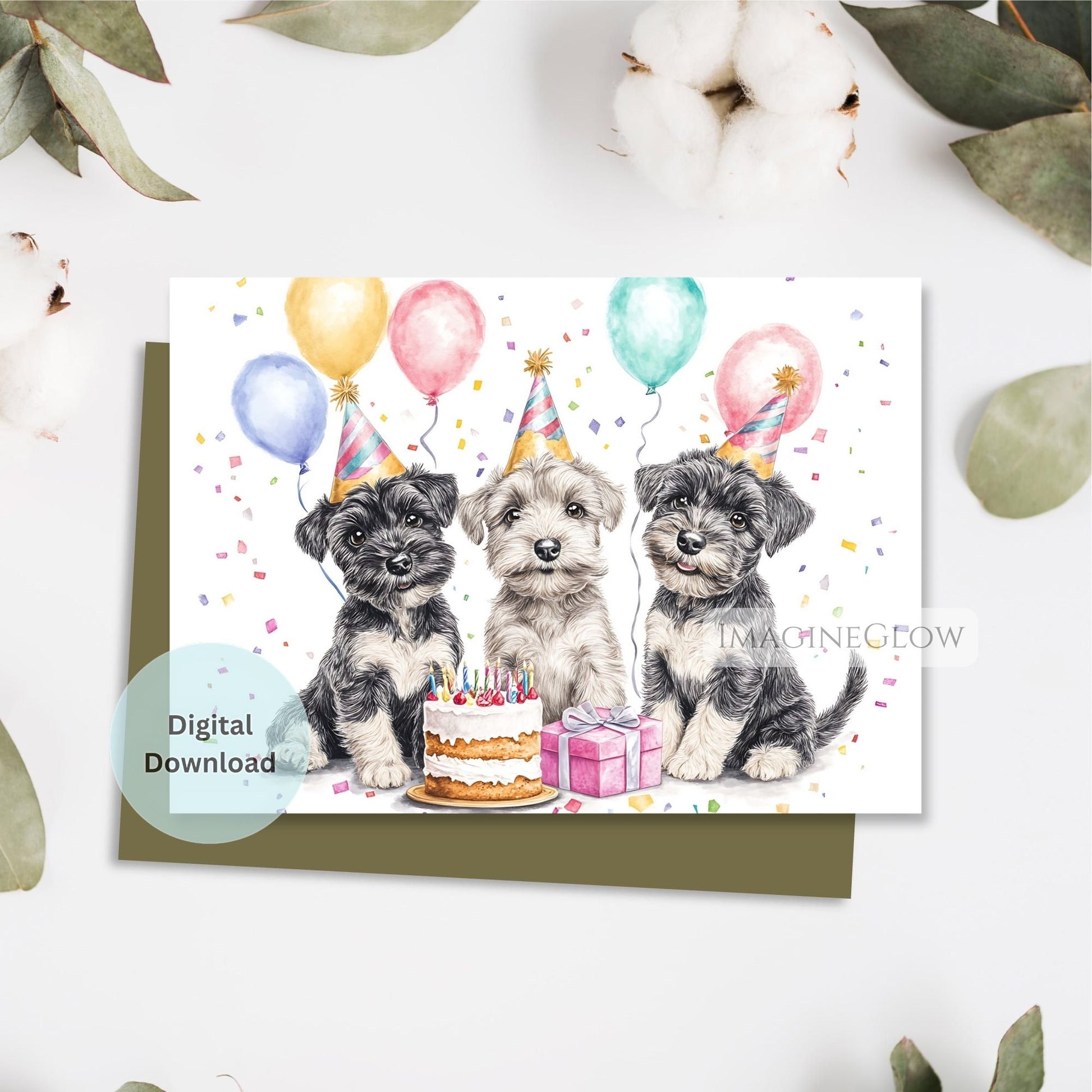 Birthday card with three puppies, balloons, and a cake on a white background.