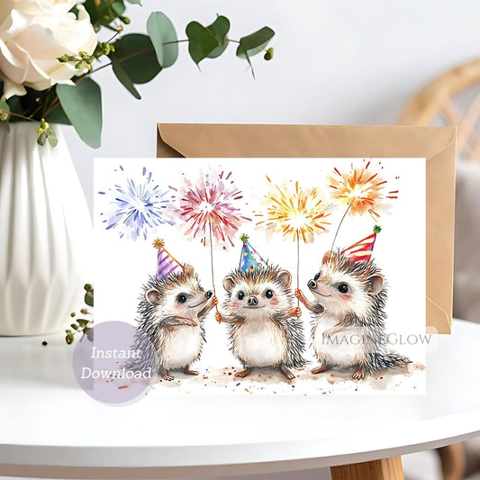 Greeting card with three hedgehogs holding fireworks, on a white background.