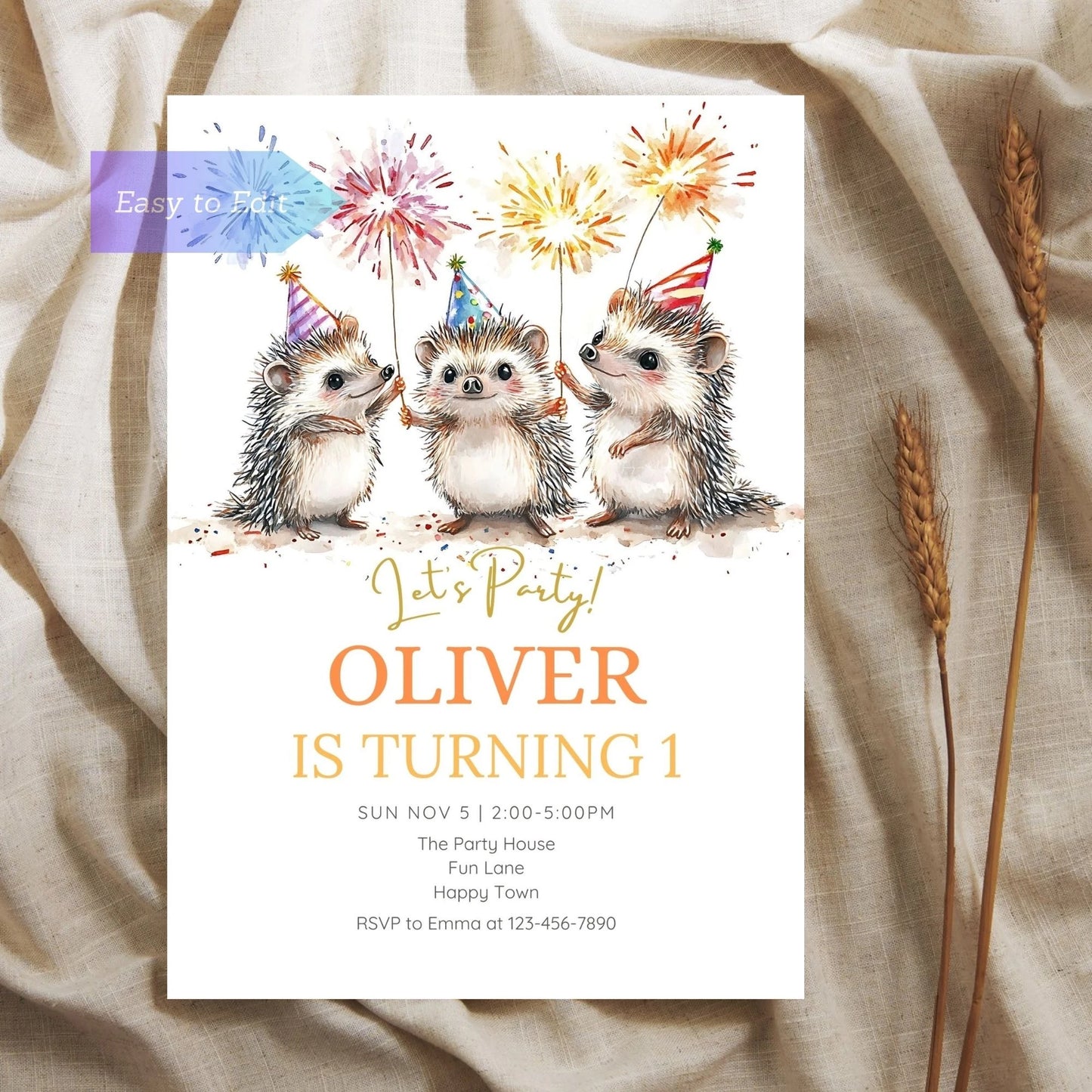 Charming woodland animal invitation with a cute hedgehog design.