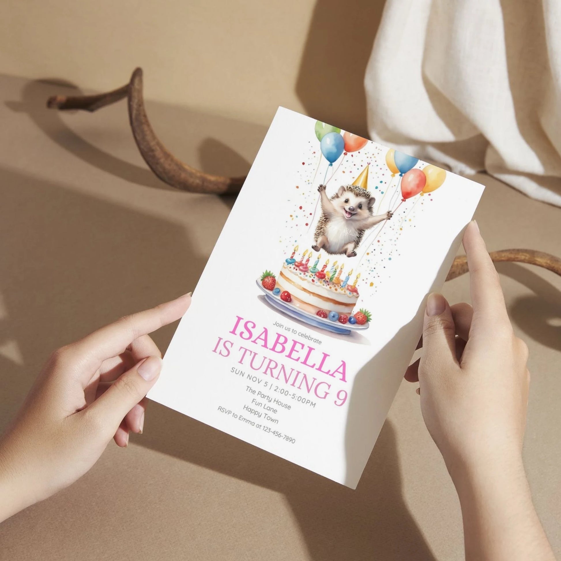 Adorable woodland hedgehog birthday invitation for printable use.