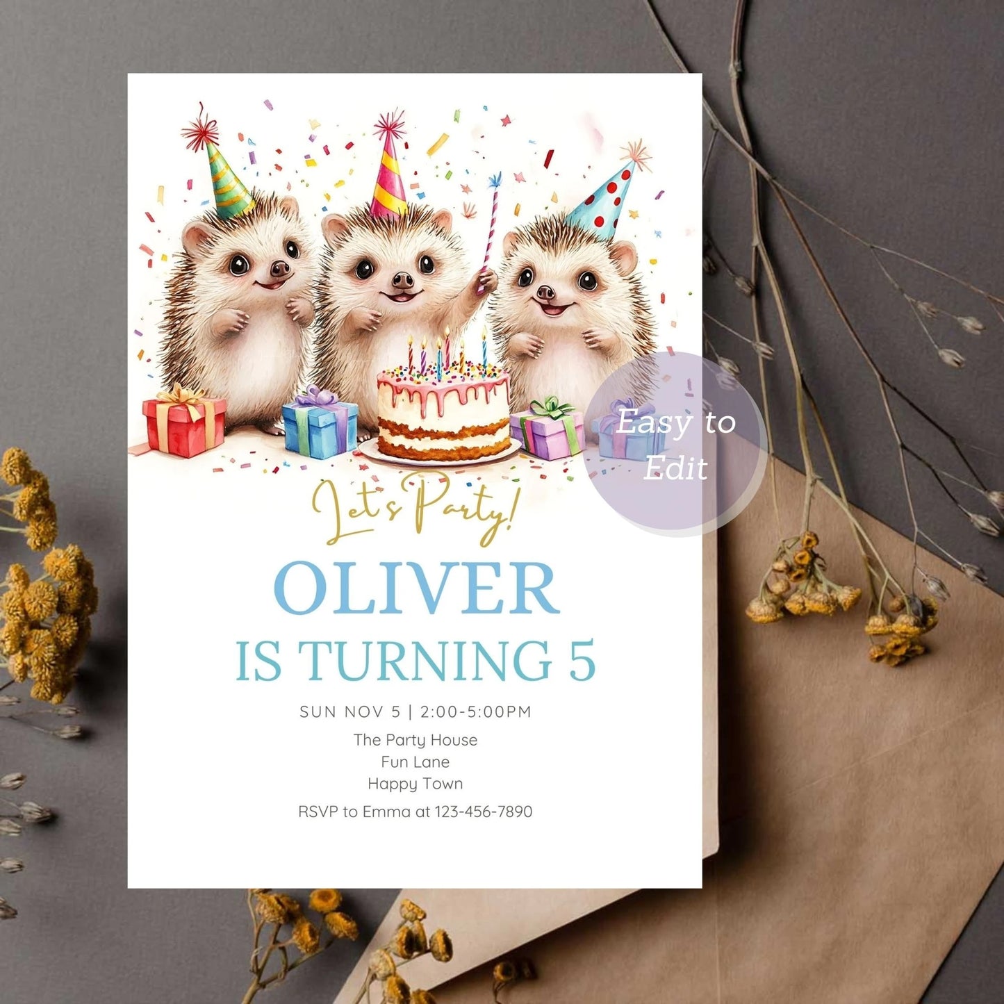 Personalized kids' birthday invitation with a hedgehog design.