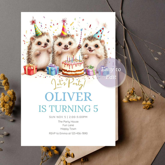 Personalized kids' birthday invitation with a hedgehog design.