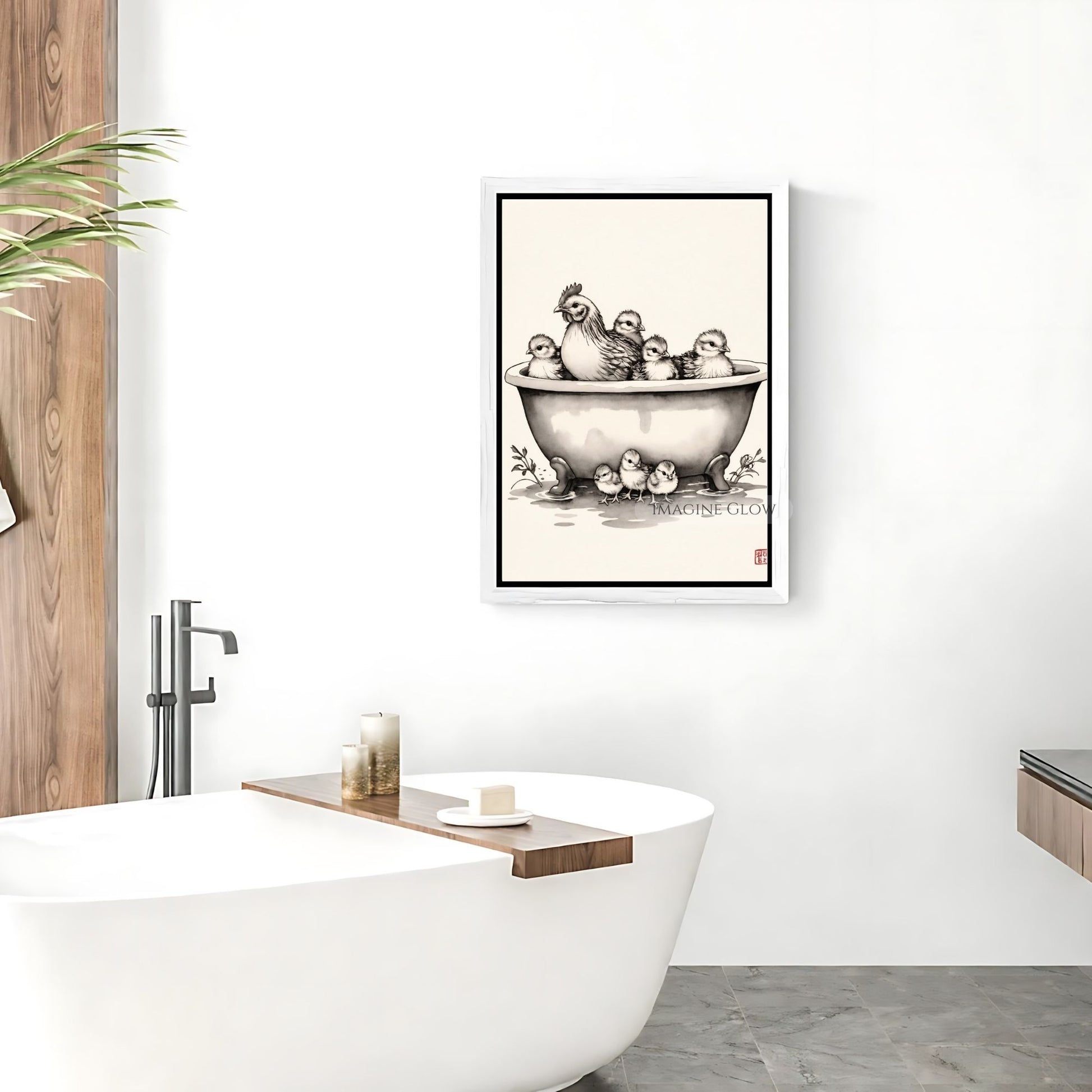 Rustic farmhouse bath print featuring a hen and her chick