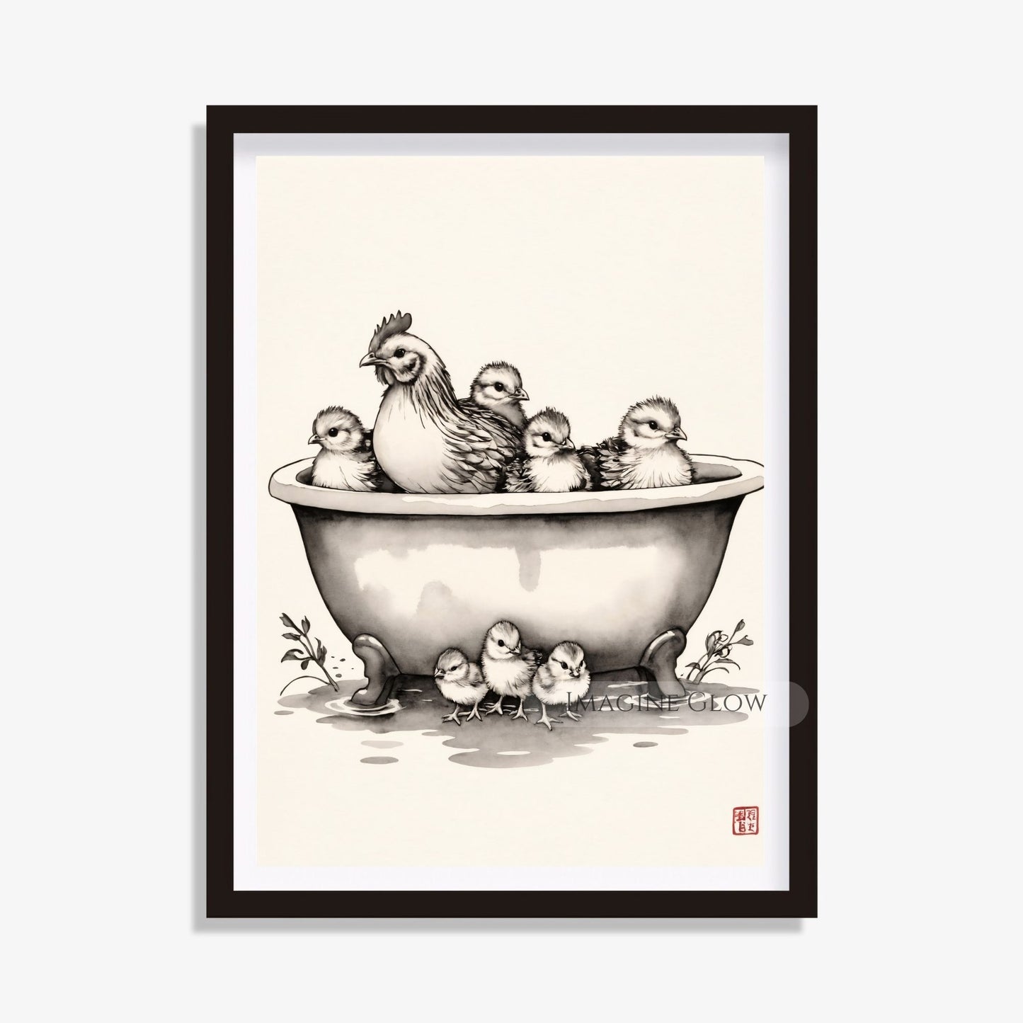 Cute chicken family in bathtub vintage bathroom art