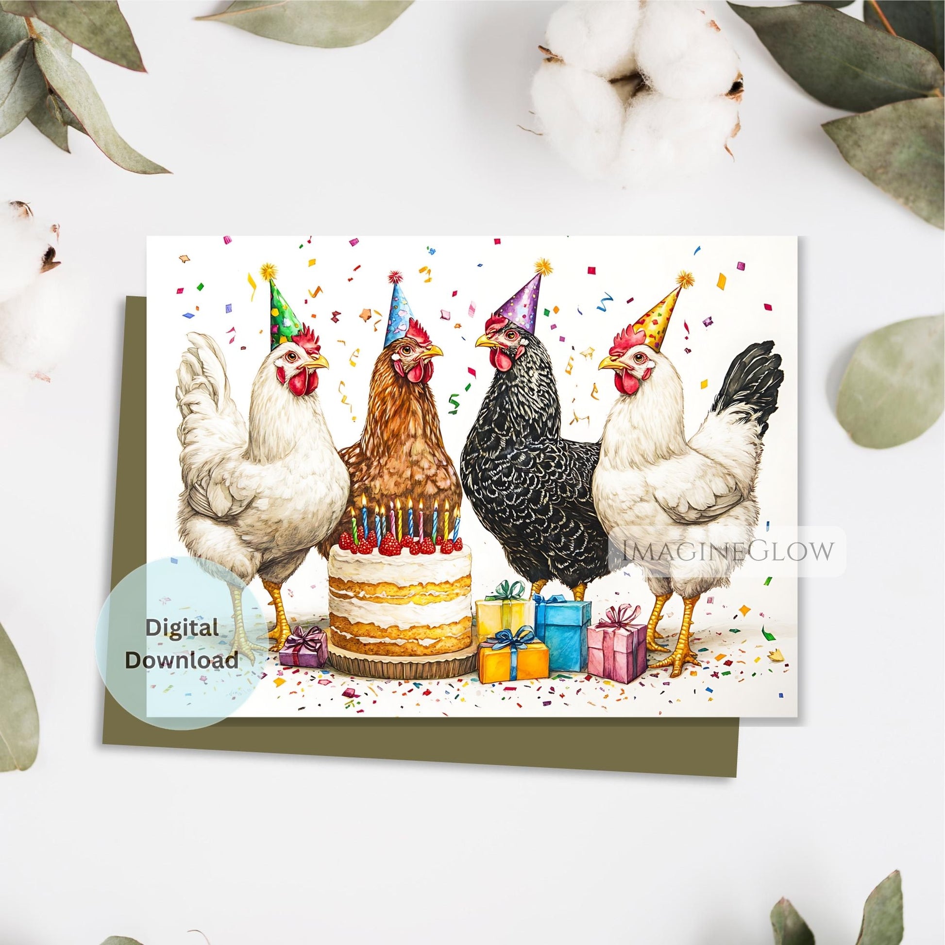 Birthday card with chickens around a cake and presents on a white background