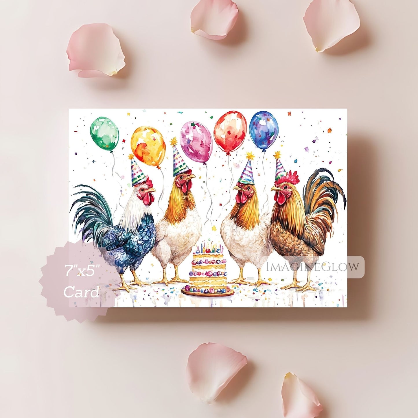 Birthday card with roosters, balloons, and a cake on a light background.