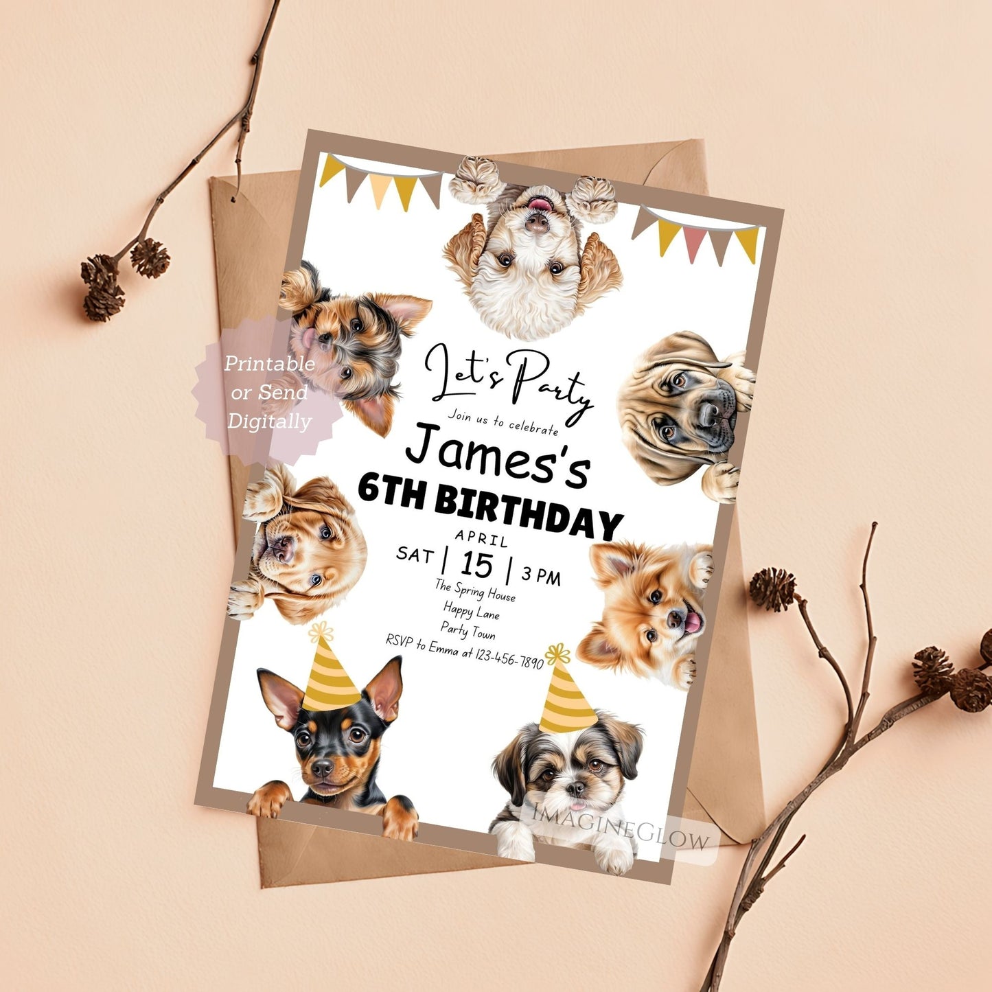 Cute puppy pawty invitation for a boys' birthday.