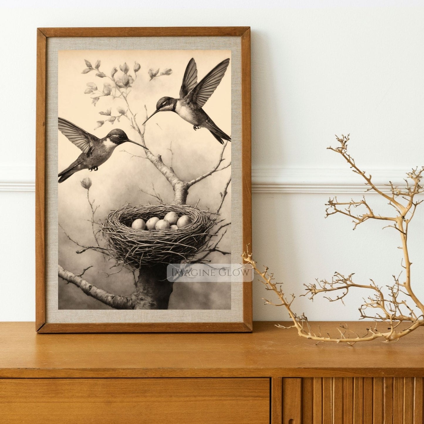 Vintage hummingbirds with nest and eggs art print