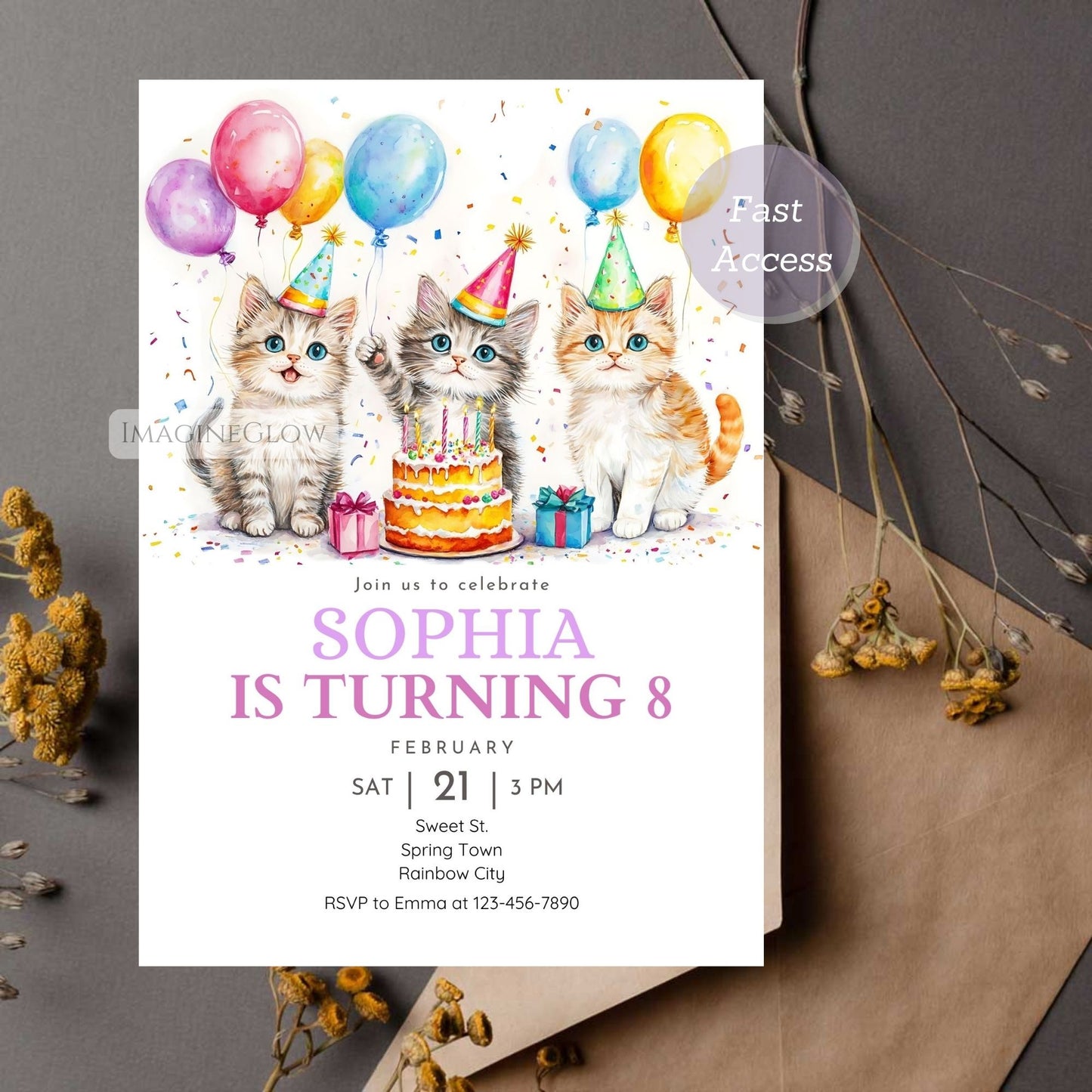 Cat birthday invitation editable in Canva
Printable cat-themed birthday party invite