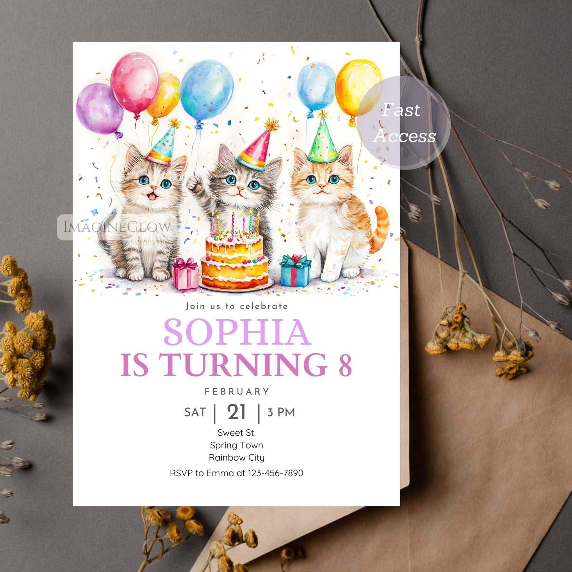 Cat birthday invitation editable in Canva
Printable cat-themed birthday party invite