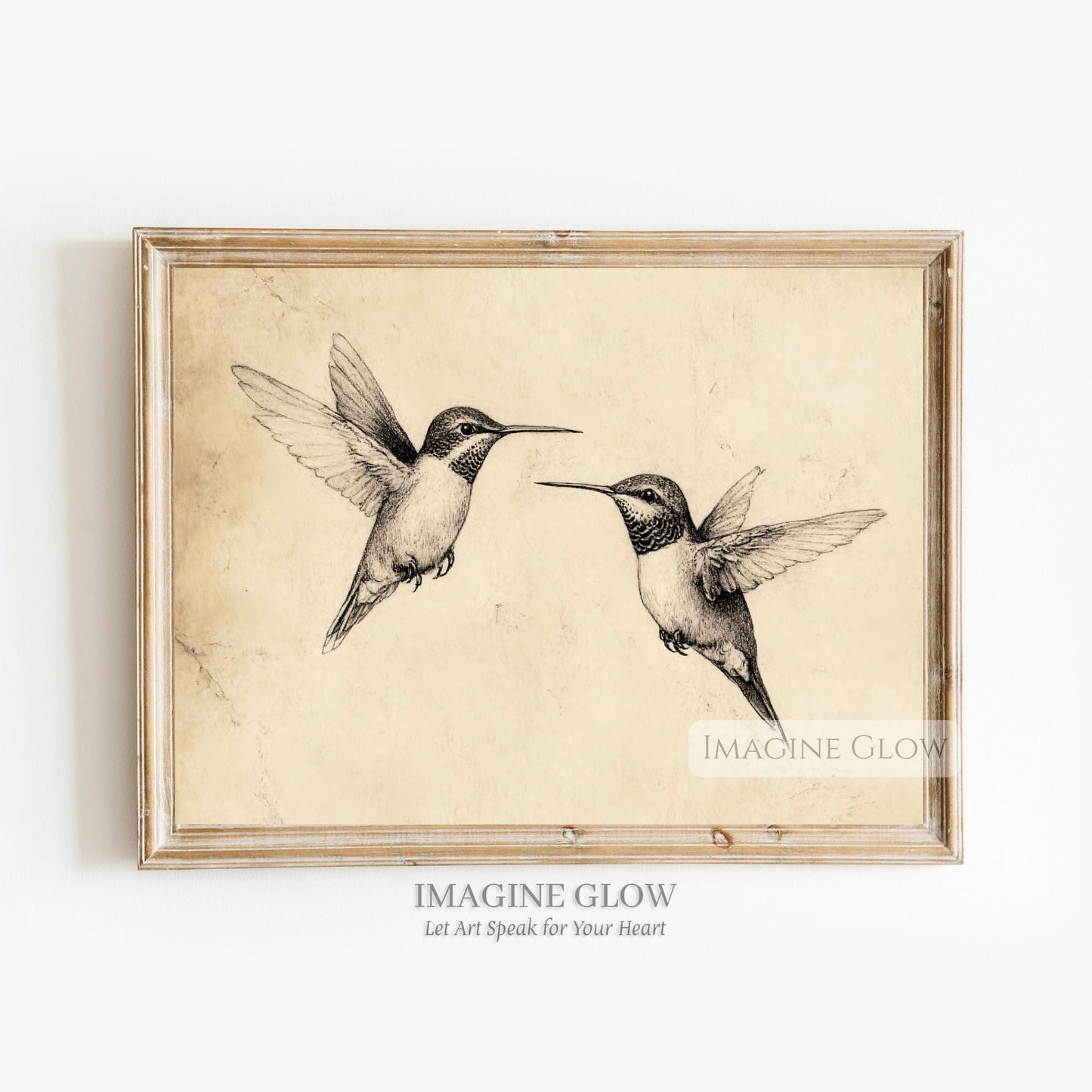 Two hummingbirds vintage pencil sketch print