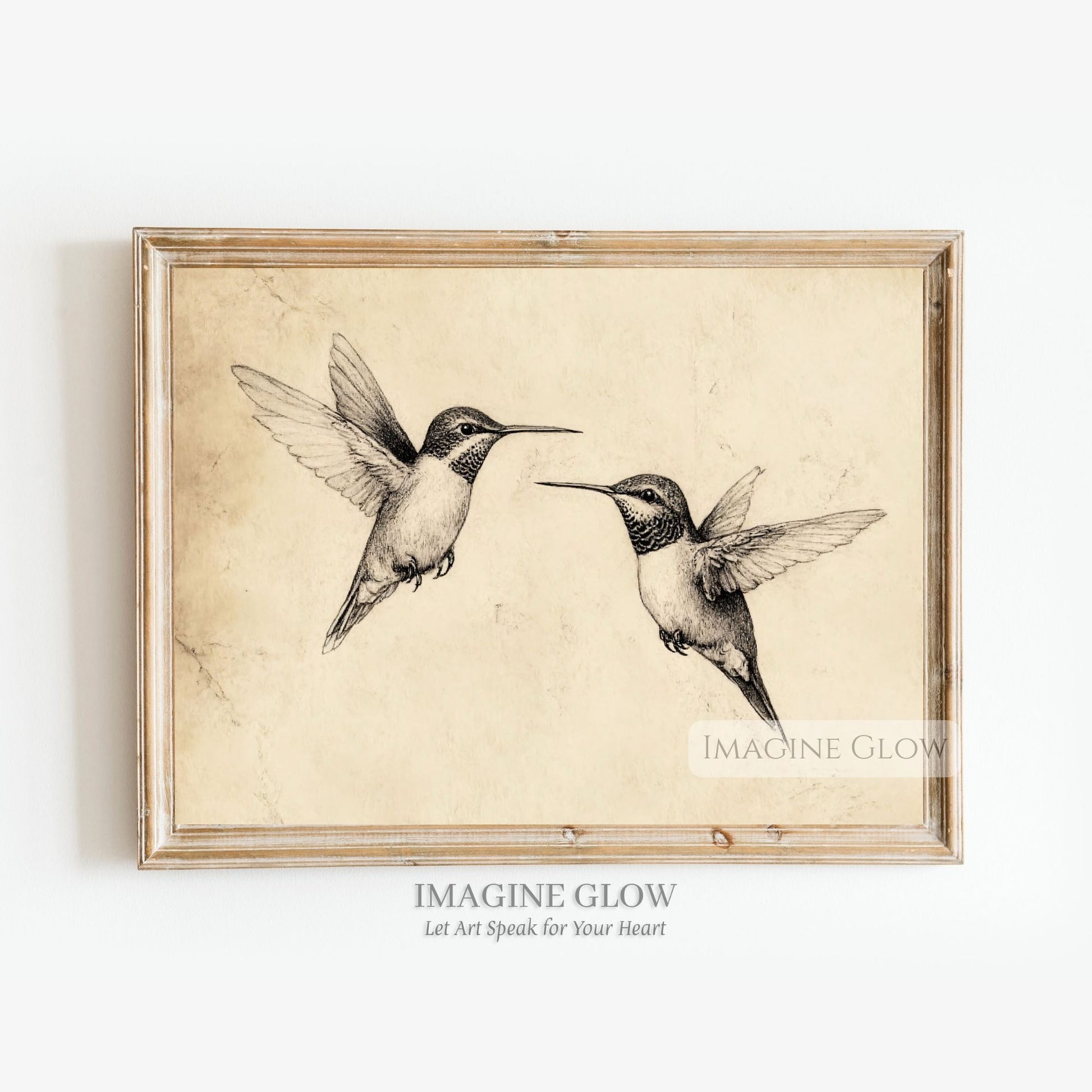 Two hummingbirds vintage pencil sketch print