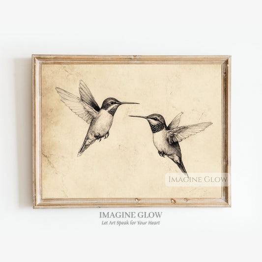 Two hummingbirds vintage pencil sketch print