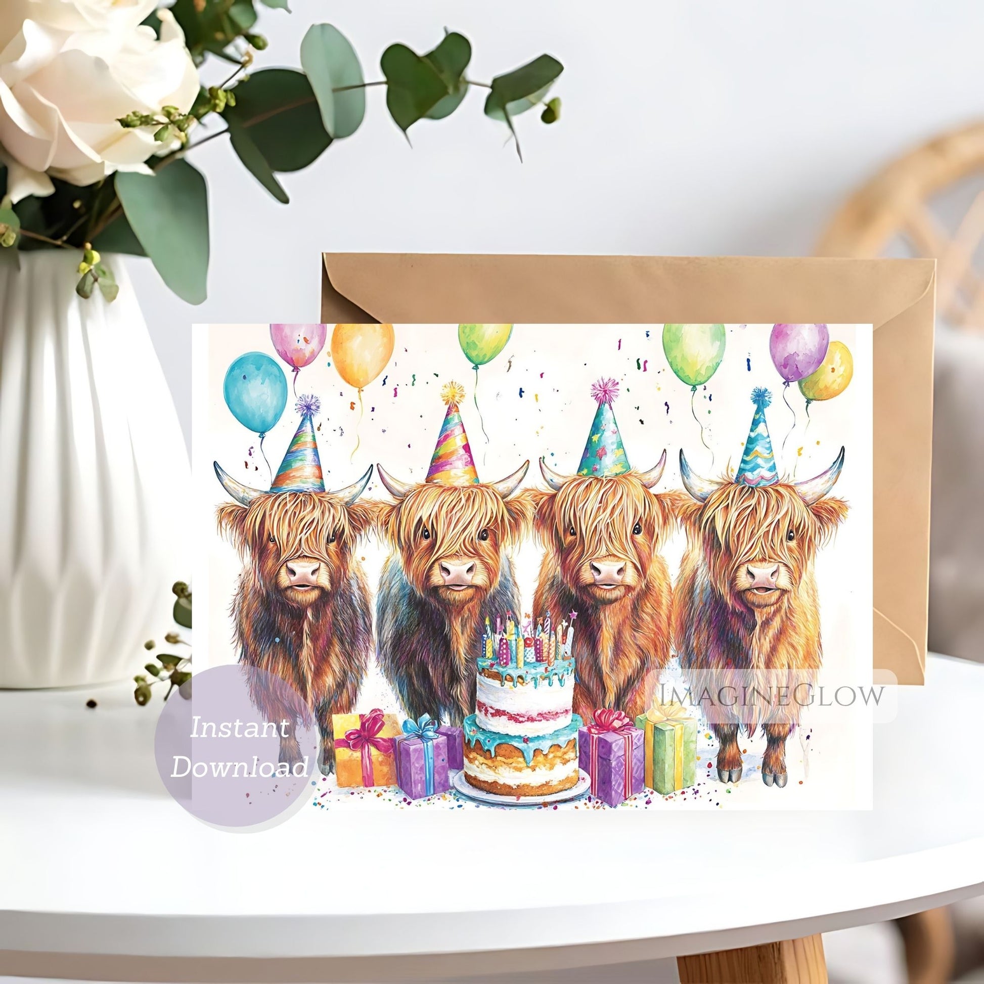 Birthday card with highland cows, cake, and balloons on a white surface.