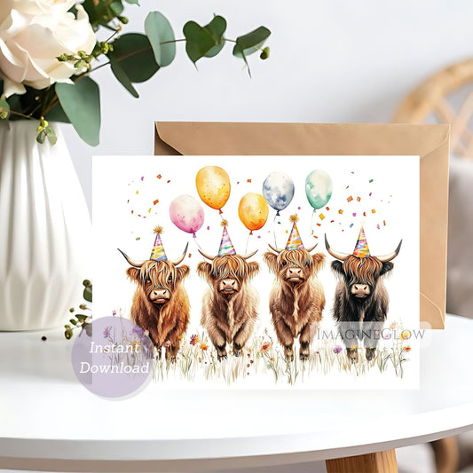 Greeting card with four Highland cows wearing party hats and balloons on a white surface.