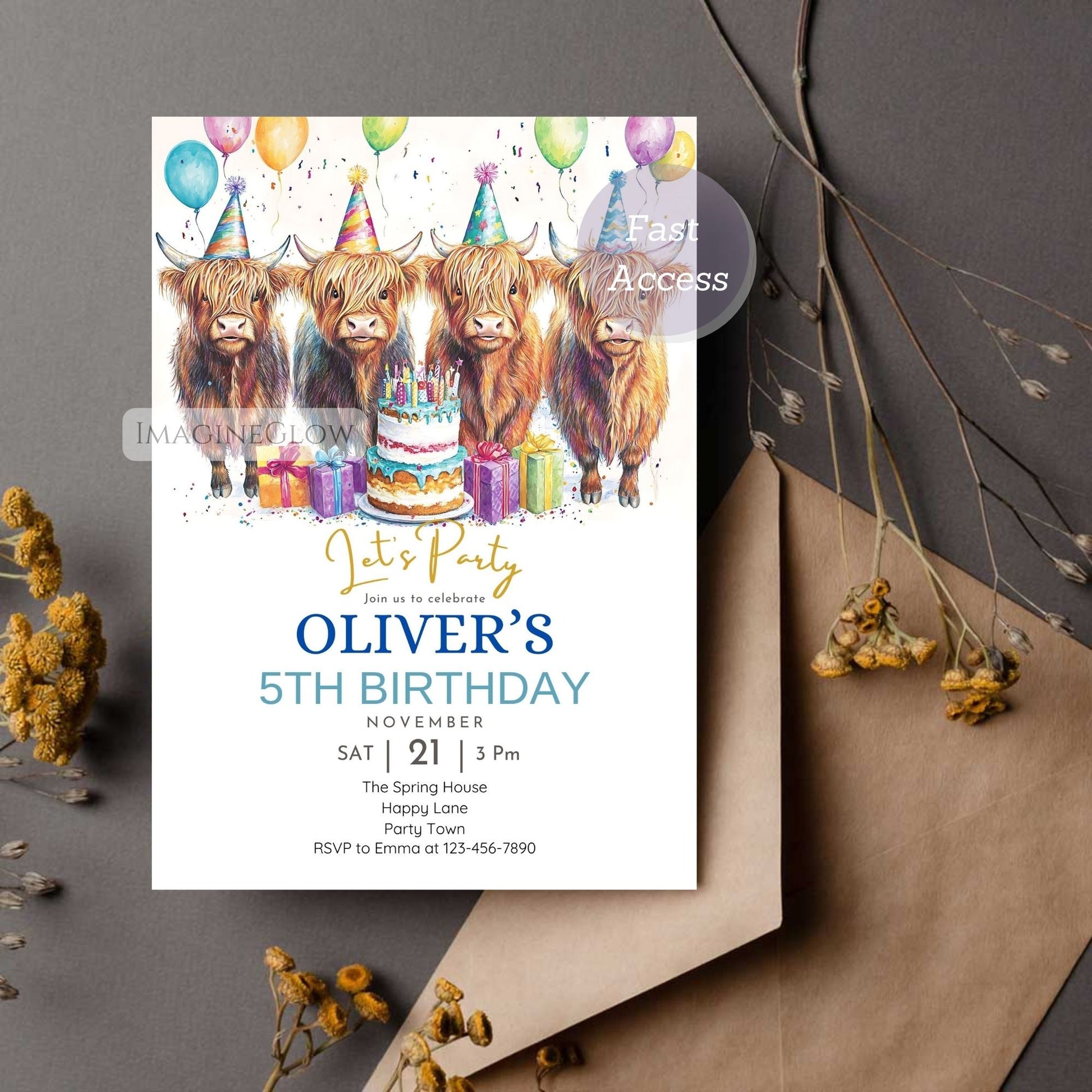 Fluffy cow farm birthday invitation
Canva Highland cow party template