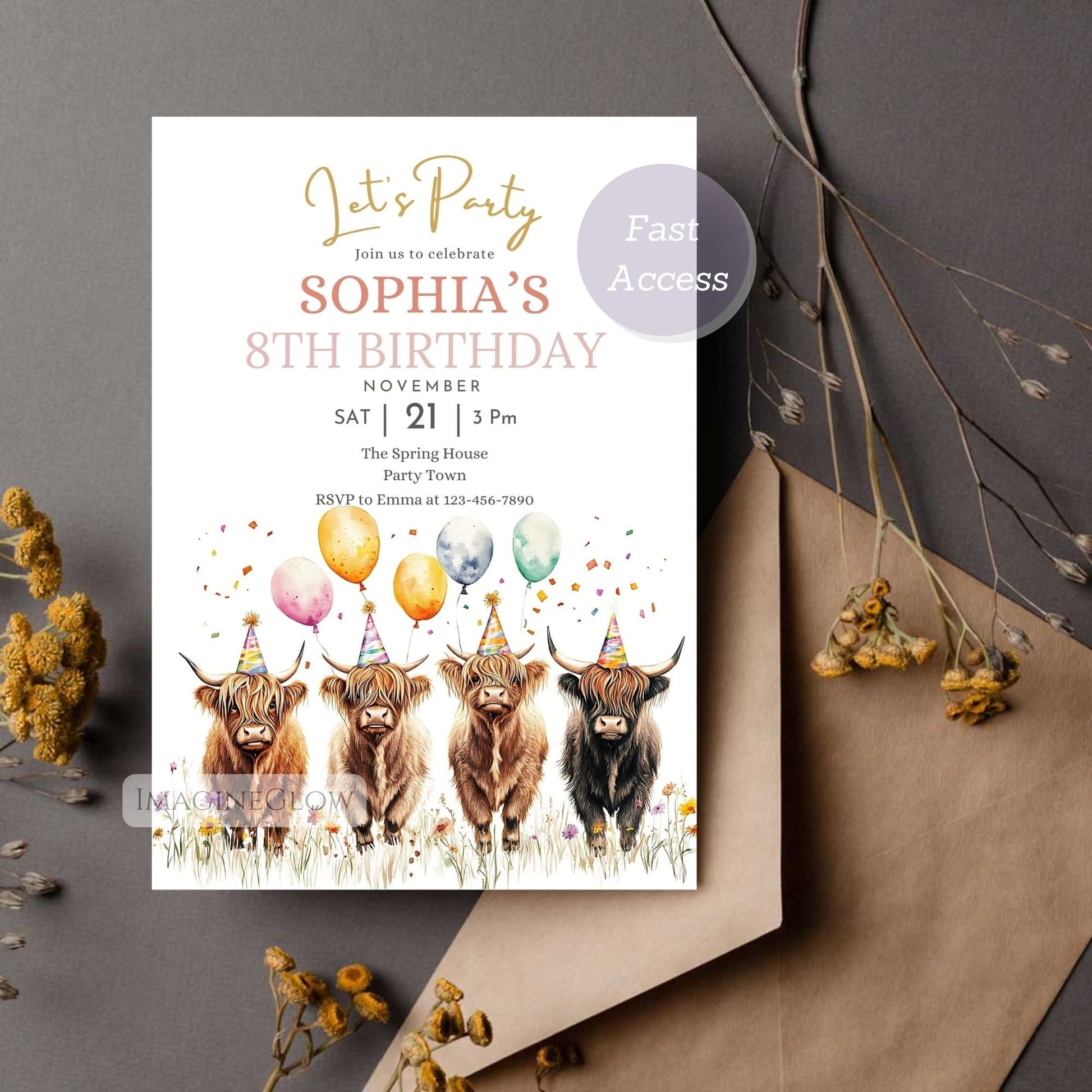 Highland cattle kids birthday invite