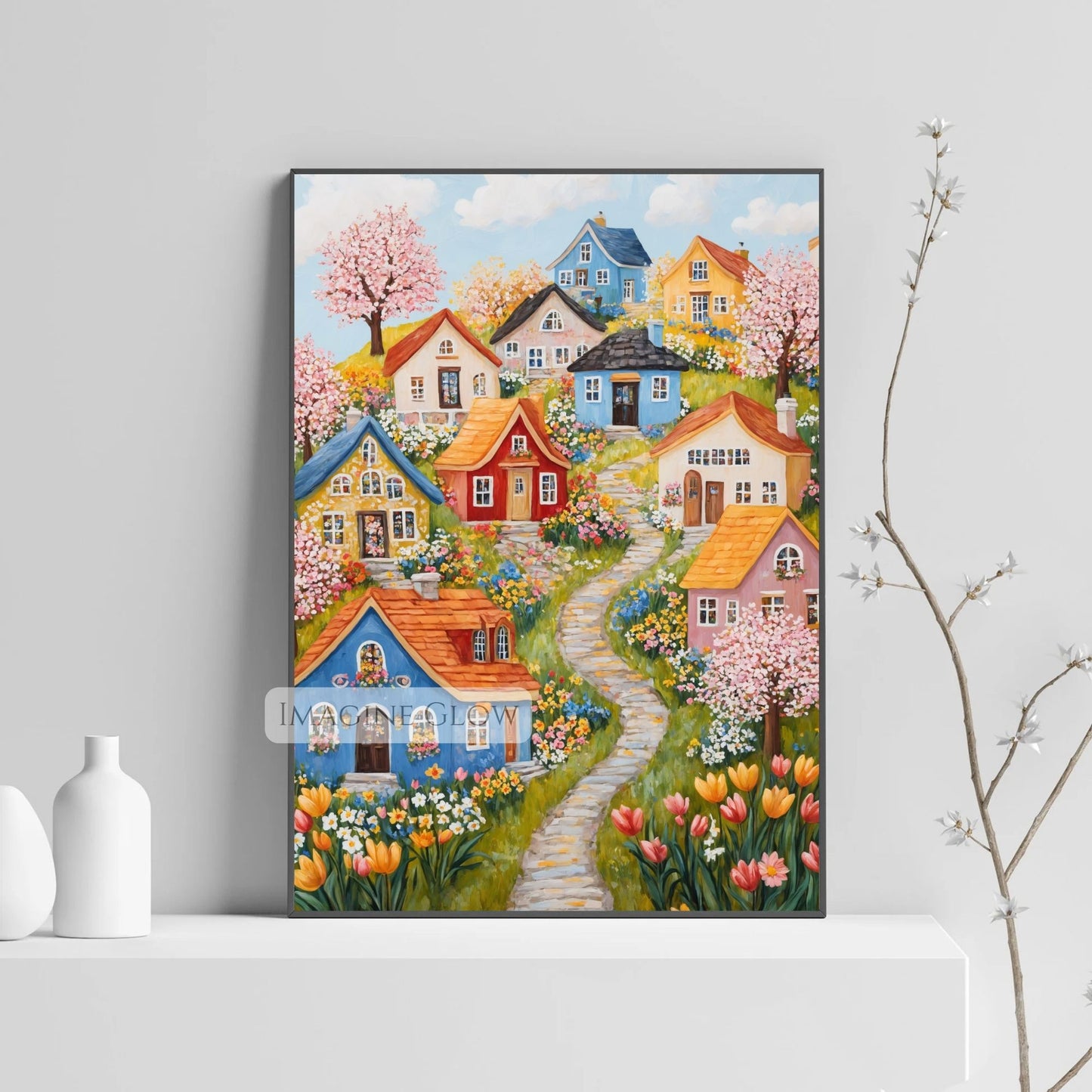 Springtime hillside village with cherry blossoms and grass