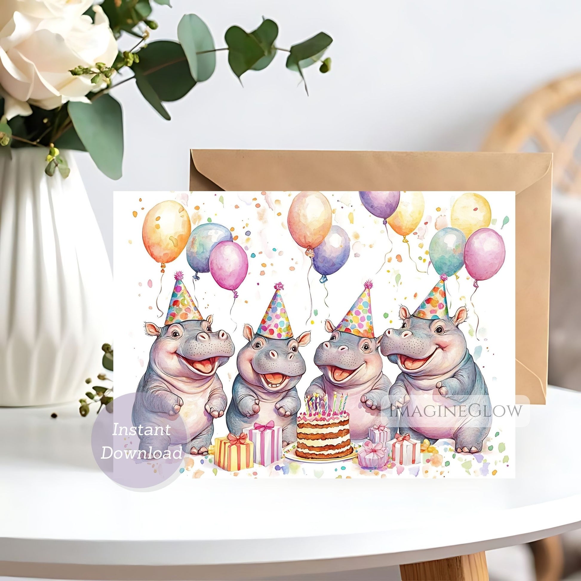 Birthday card with cartoon hippos and balloons on a white surface.