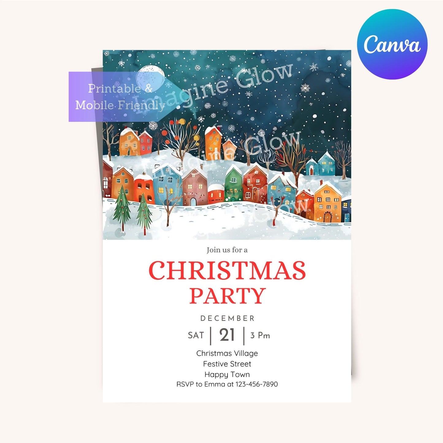 Winter Village Christmas Invitation Whimsical Moonlit Night Colorful Houses Party Card Editable Printable Holiday Invite Custom Festive Winter Wonderland Card