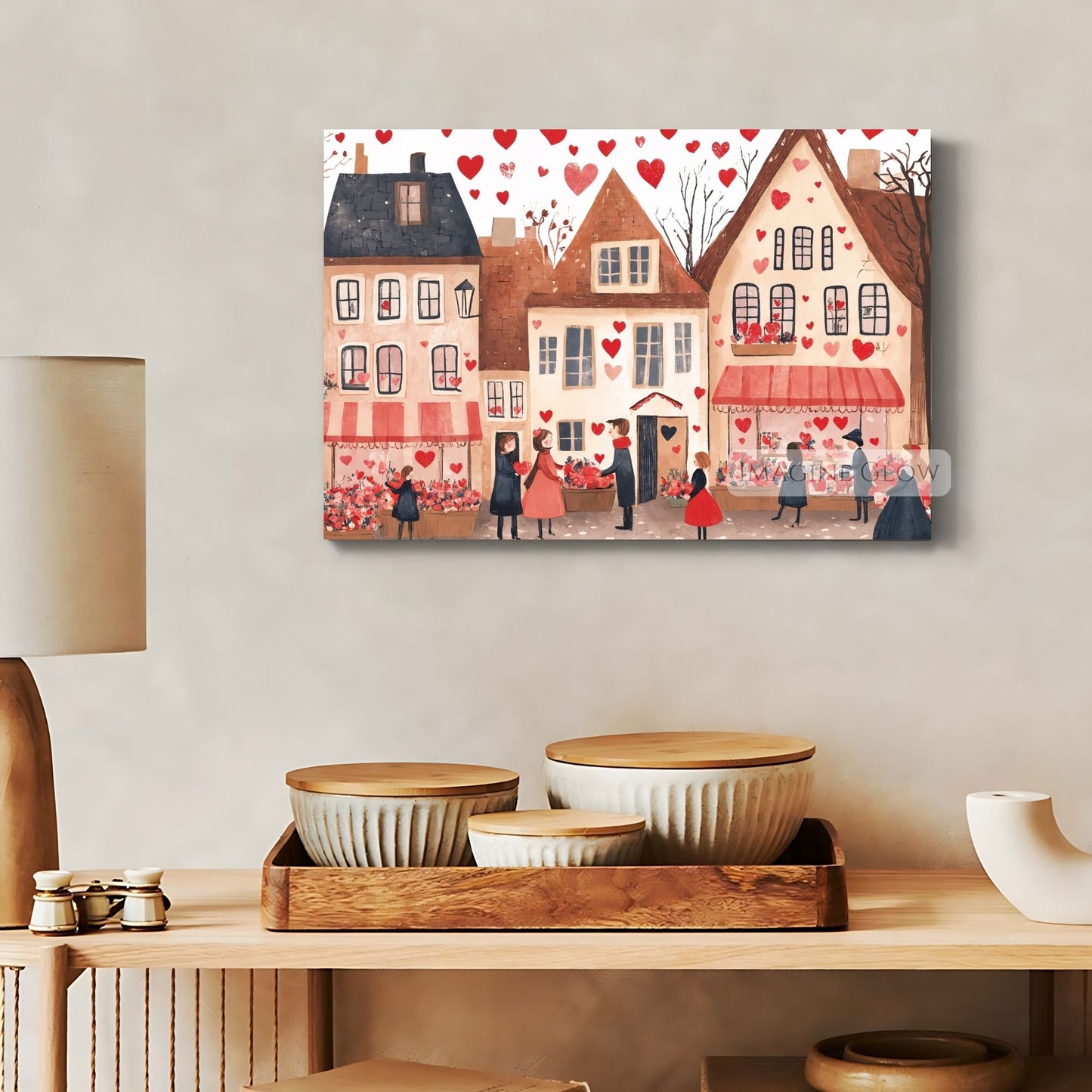Romantic village scene with heart accents for Valentine’s decor