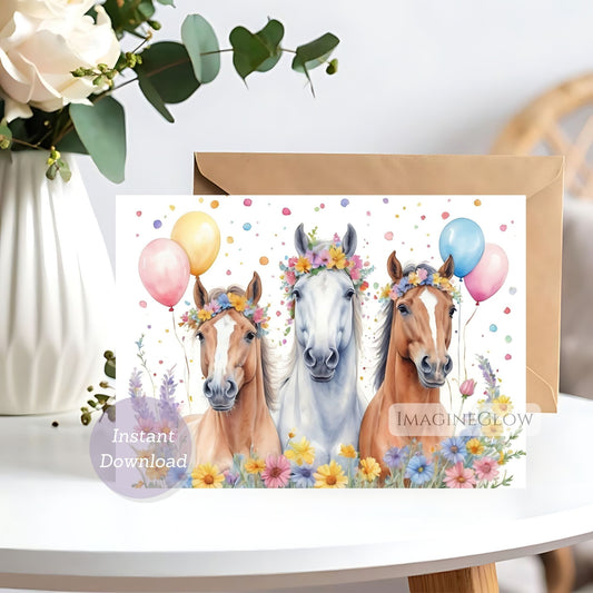 Greeting card with three horses wearing flower crowns and balloons on a white surface.
