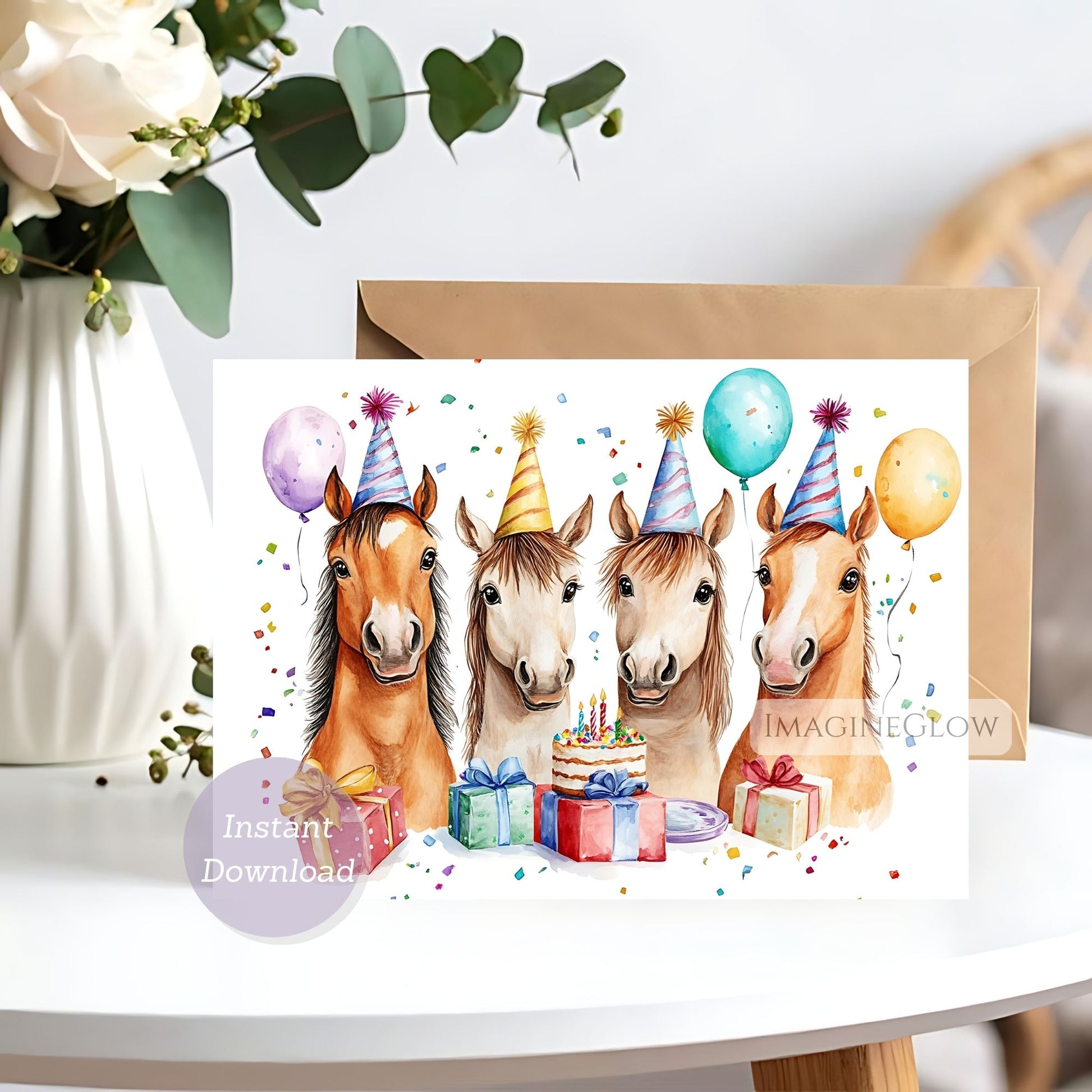 Birthday card with four horses wearing party hats and balloons.