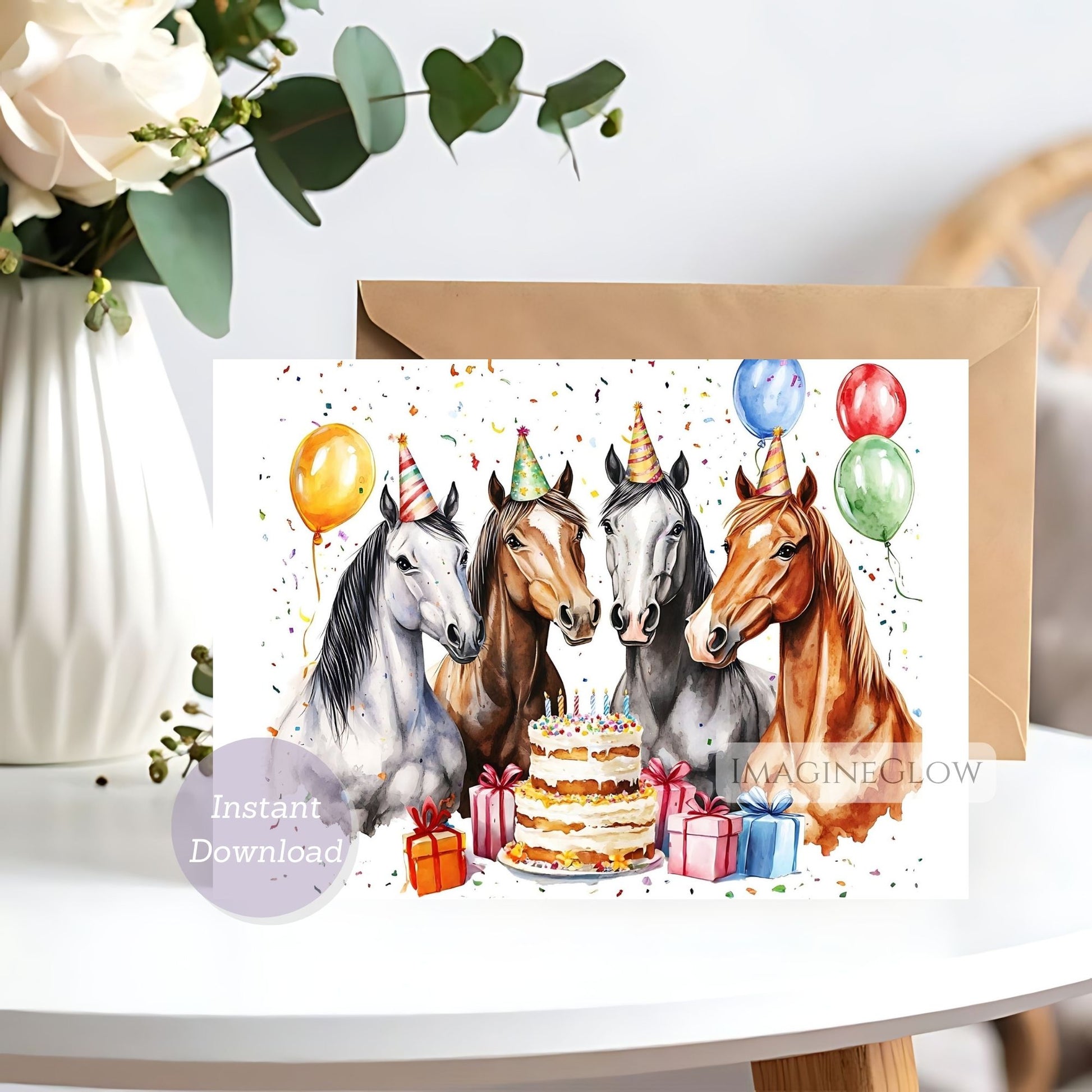 Birthday card with horses, cake, and balloons on a white background.