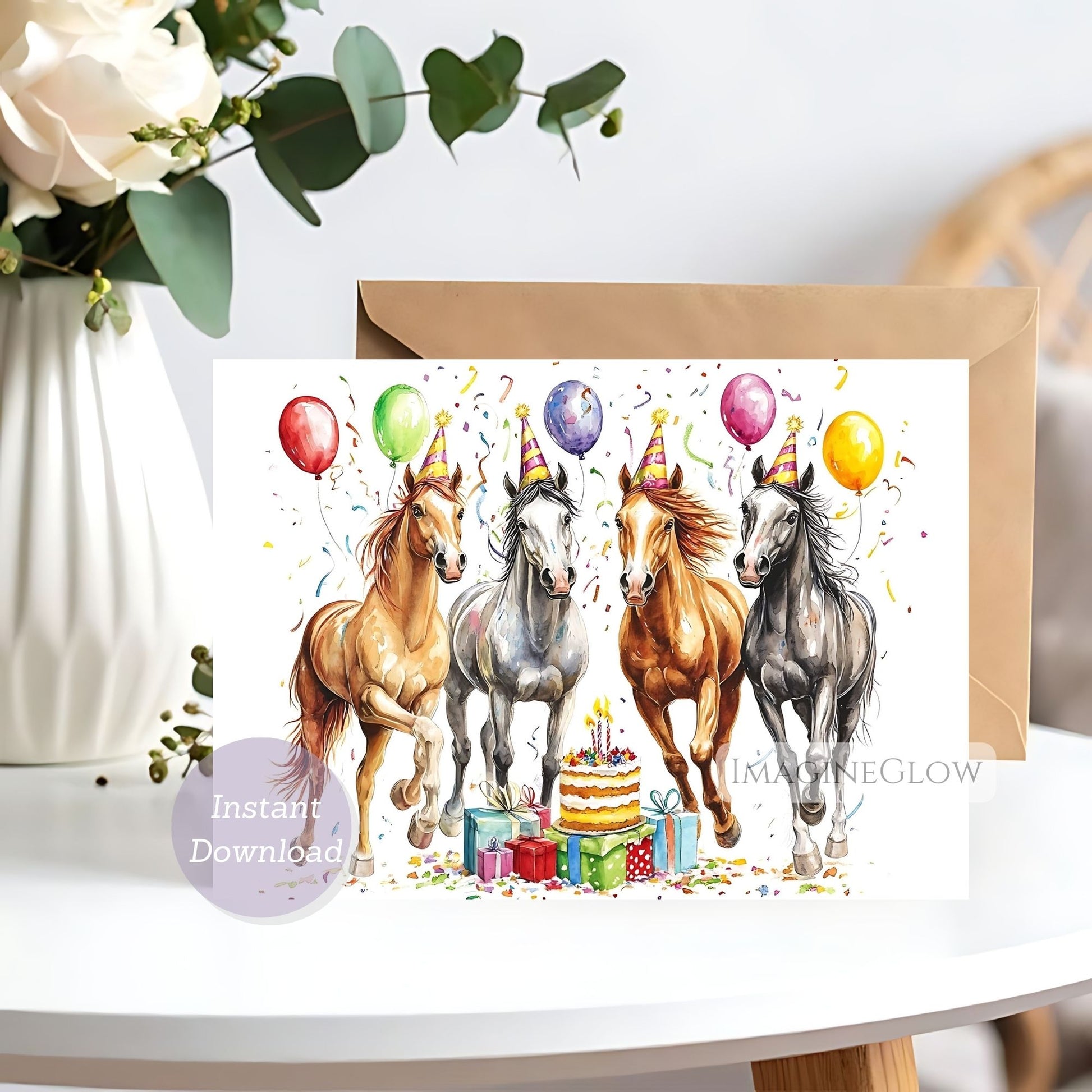 Birthday card with four horses wearing party hats and balloons on a white surface.