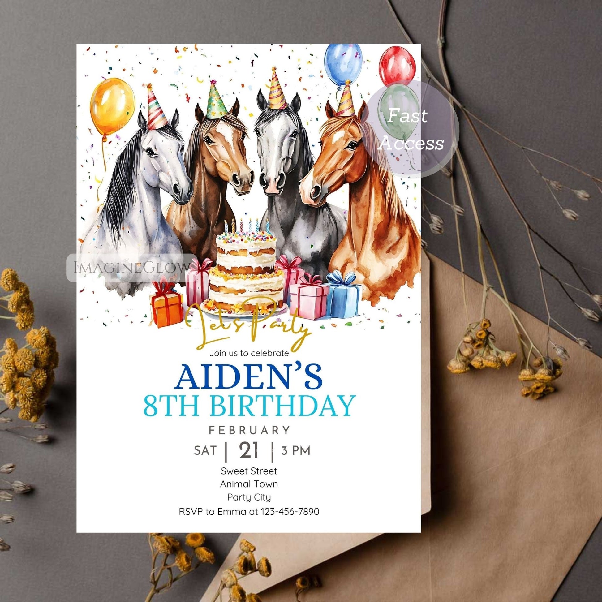 Printable pony party invite for kids' birthday
Western horse birthday invitation template
Rustic horse birthday invite with cake and balloons